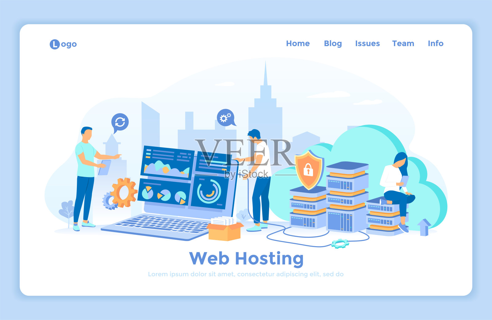 网站托管，数据安全，Сloud计算存储，信息处理，数据库，网络连接。托管服务器，计算机，云。登陆网页模板装饰人。插画图片素材