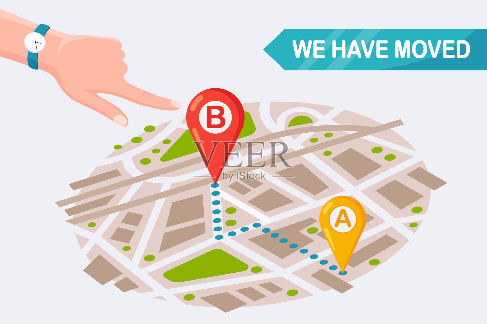 我们有感动。地图上的新地址。宣布办公地点的变更。矢量动画设计插画图片素材