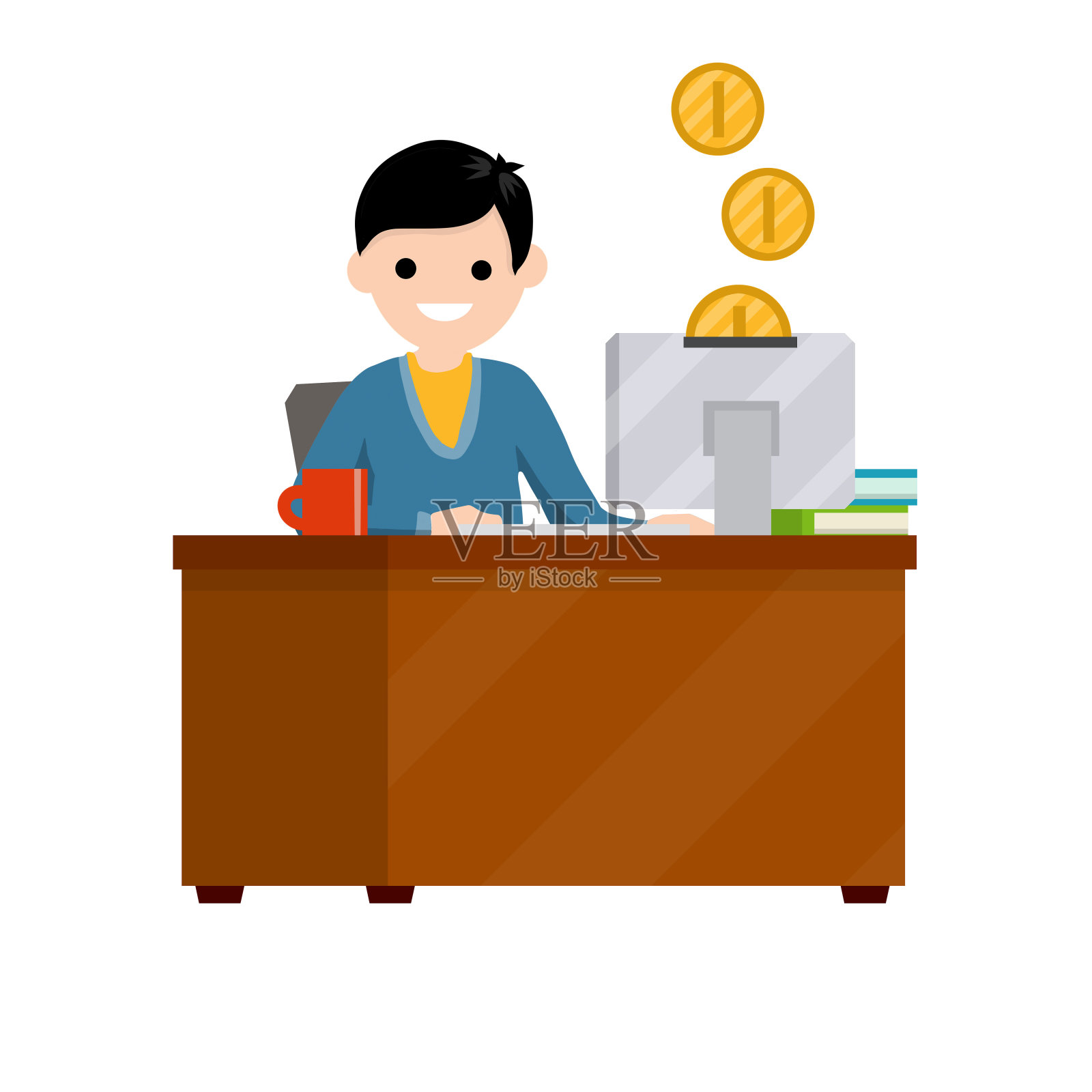 一个人坐在电脑旁的桌子旁。网上收入和薪水。金币……工作自由职业者和程序员卡通平面插图插画图片素材