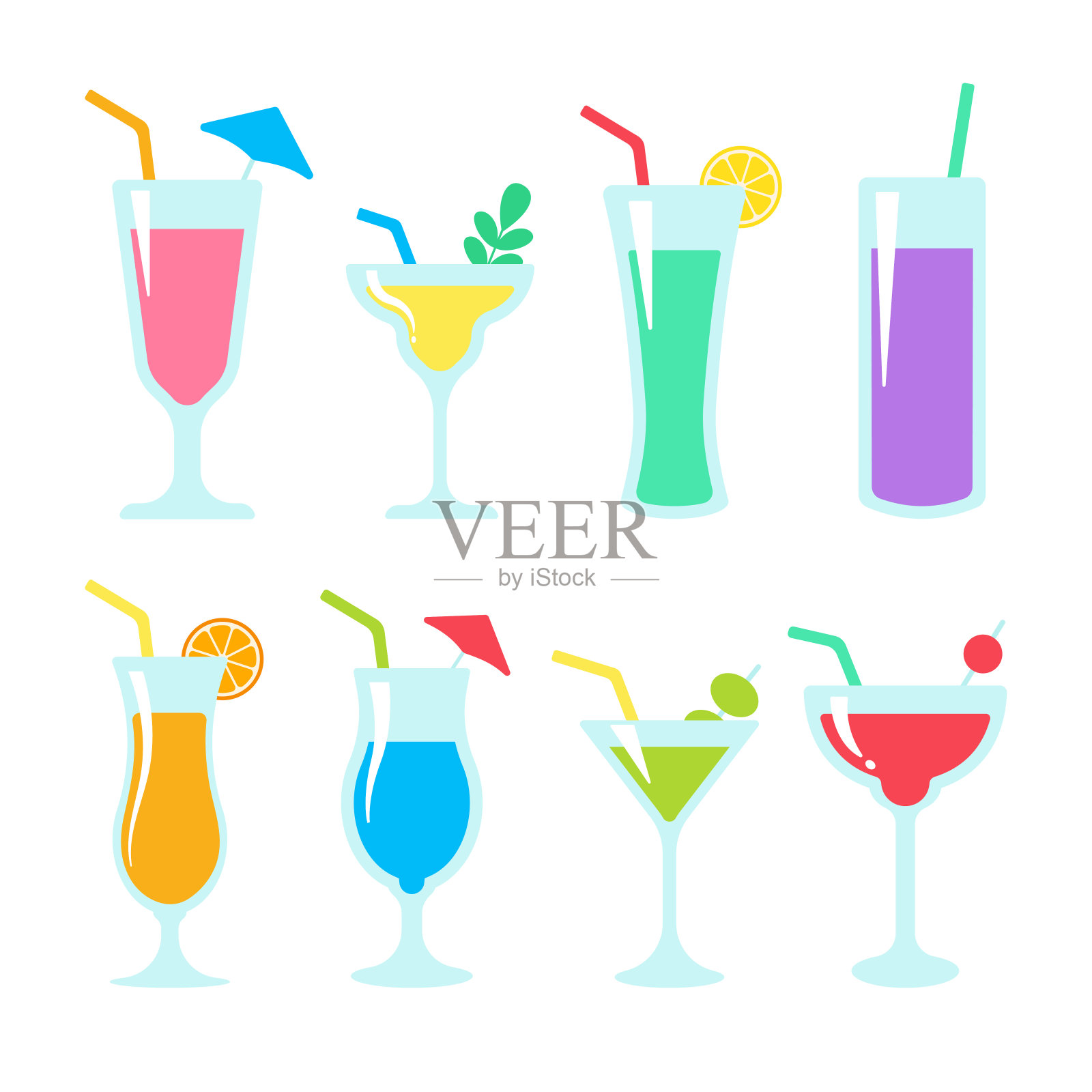 向量的鸡尾酒杯。色彩鲜艳的酒精果汁有助于在炎热的夏天保持新鲜。插画图片素材