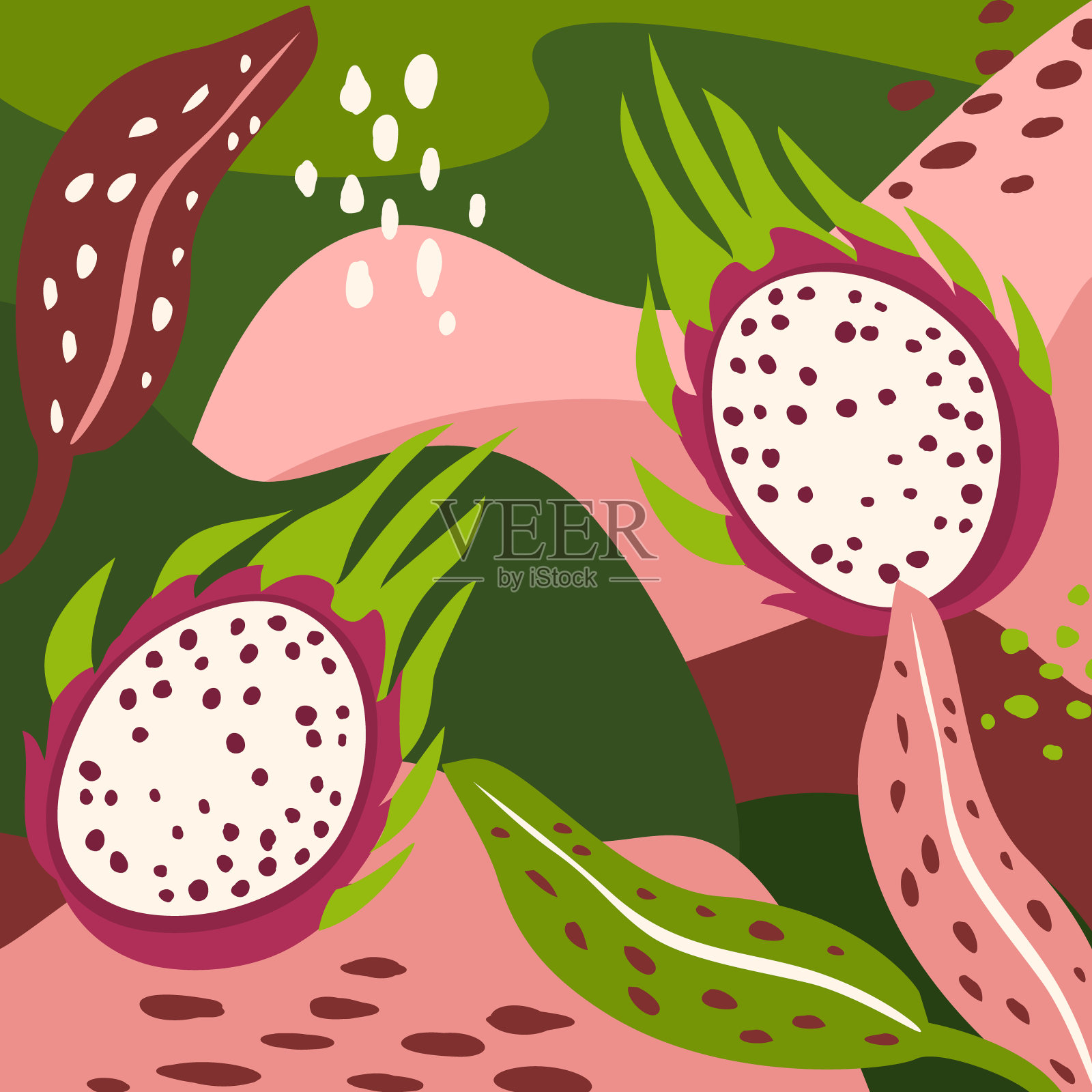 现代抽象形状，植物和奇异的水果拼贴艺术印刷设计插画图片素材