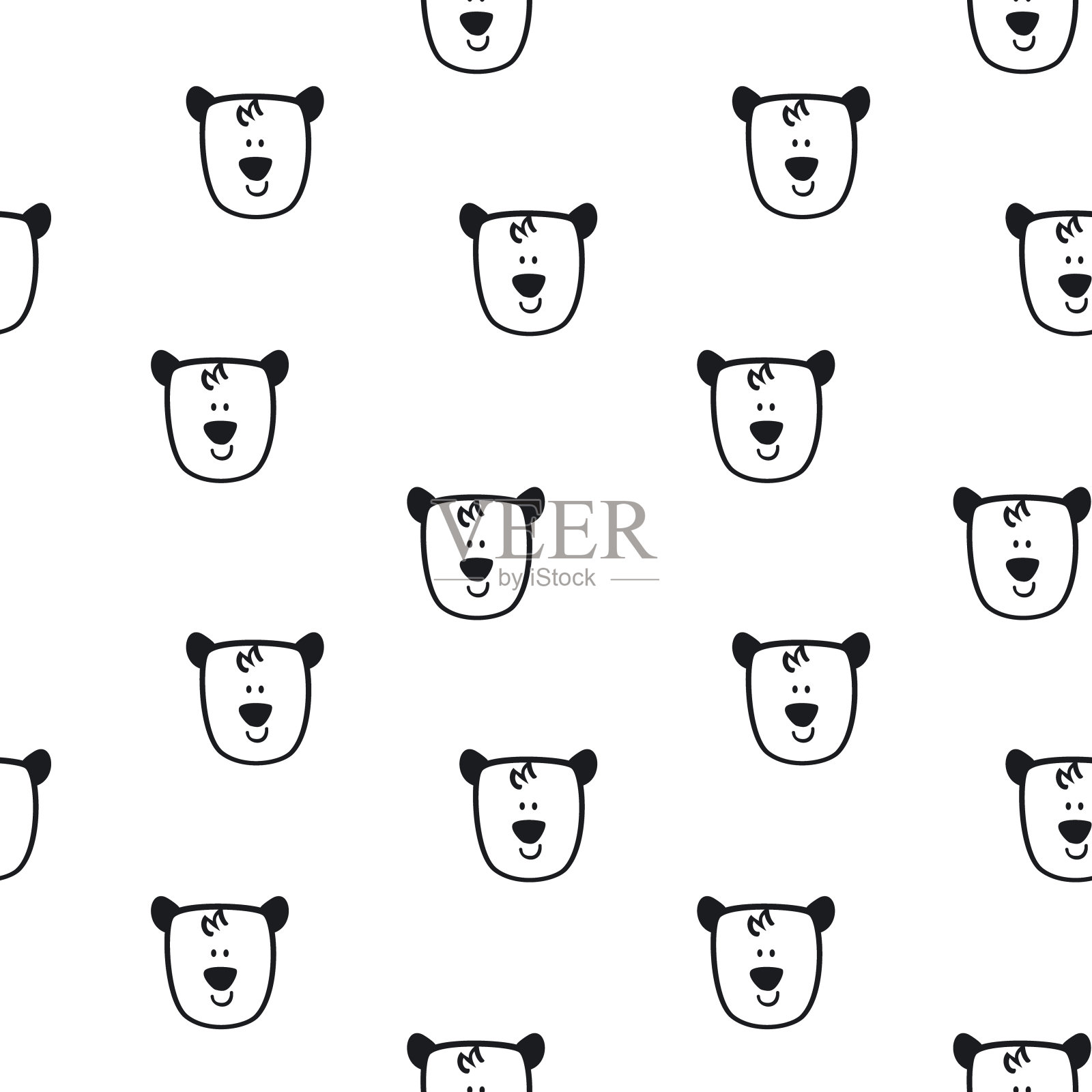 黑白无缝图案搭配可爱的小熊脸，无尽的重复纹理插画图片素材