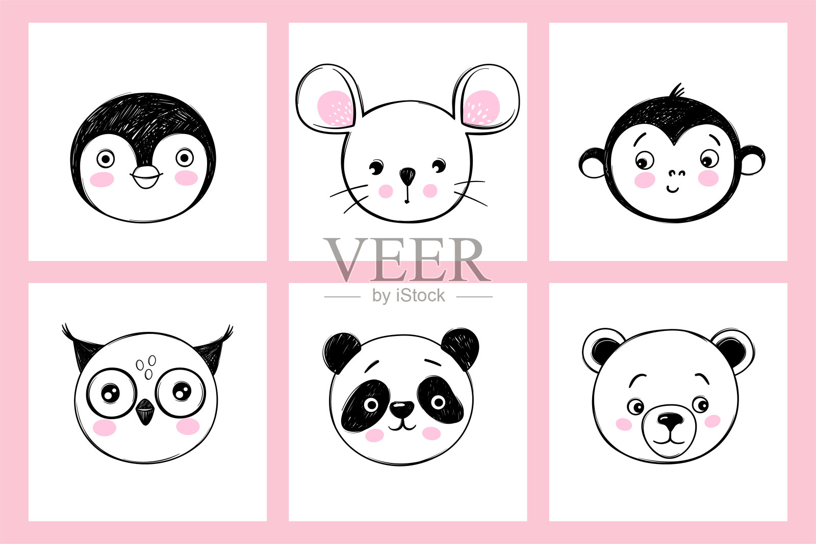 涂鸦动物头部矢量集。猫头鹰，熊猫，熊，猴子，老鼠，企鹅的脸在素描风格。有趣的脸。可爱的儿童插图插画图片素材