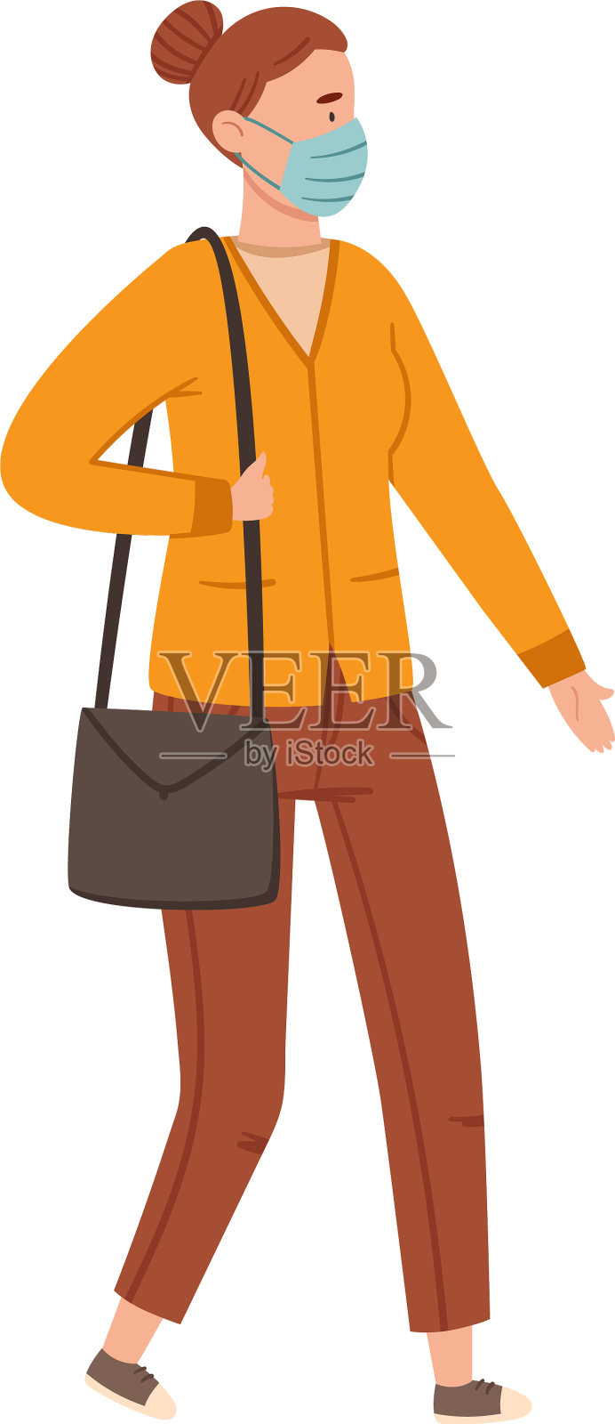 戴着防护面具走在街上的女人插画图片素材