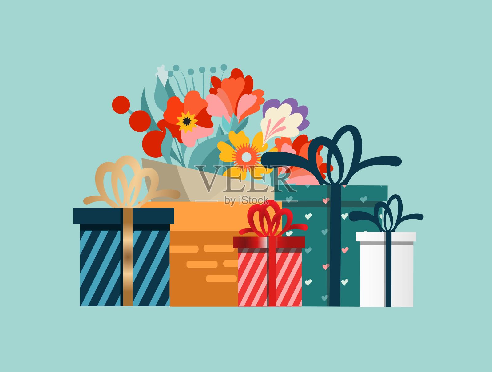 礼物和花篮，节日贺卡。平面风格的矢量插图。插画图片素材