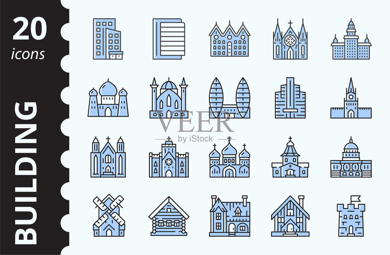 建筑和景点图标集。体系结构的概念。向量线性符号集合的颜色。图标素材