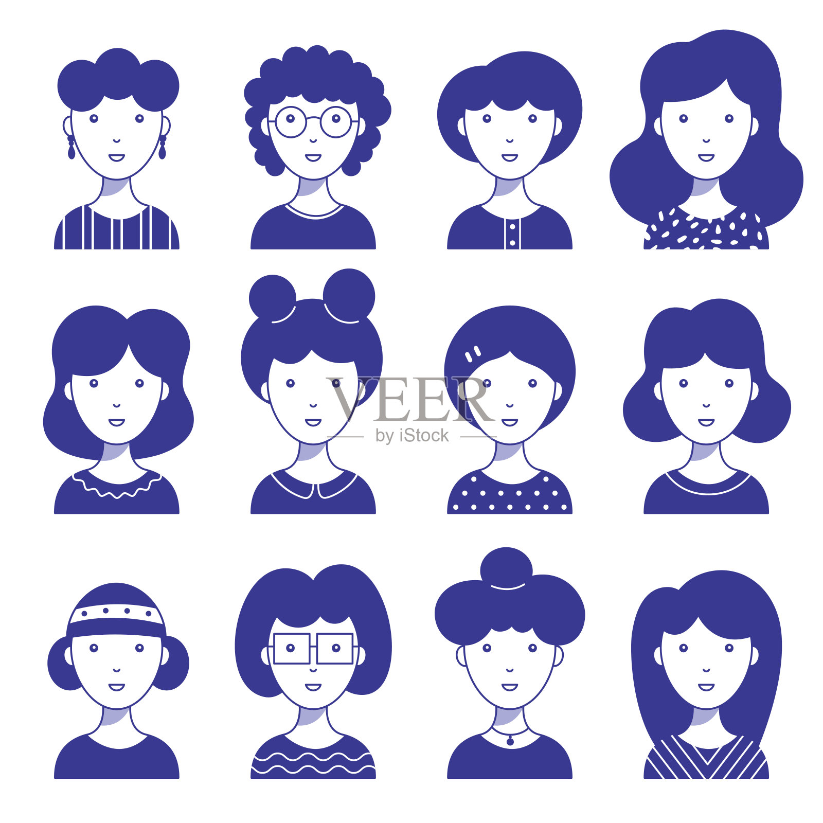 社交网络和网络的一组女性图标头像。平面风格矢量插图。插画图片素材