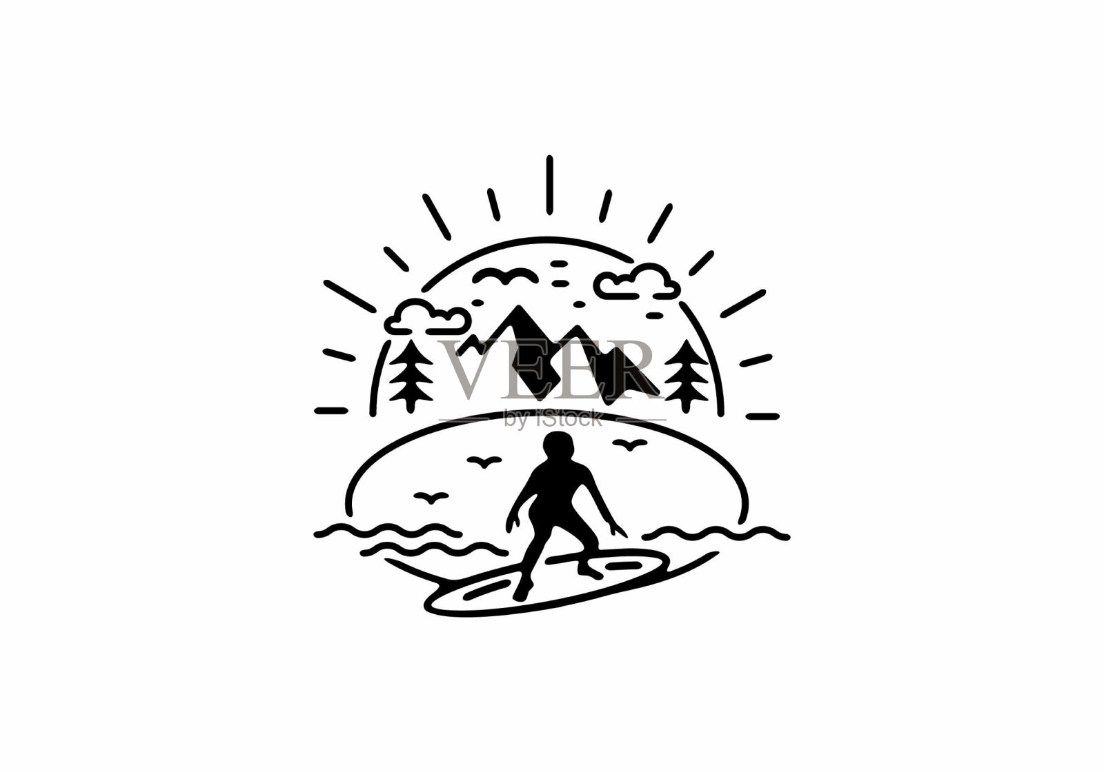 高山和海滩冲浪设计的黑线艺术插图插画图片素材