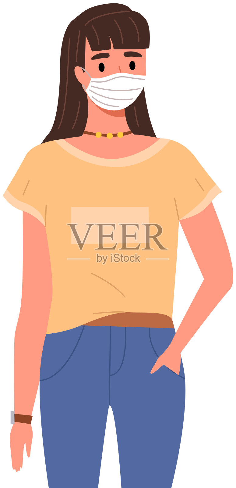 女性角色戴着面具。冠状病毒、隔离、自我隔离、大流行、病毒插画图片素材