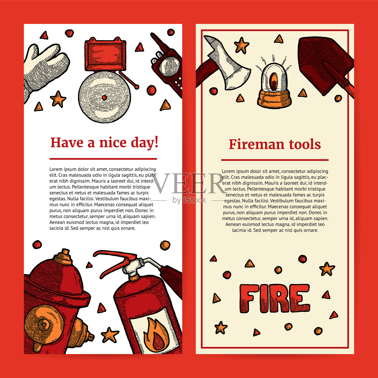 用拷贝空间绘制消防员工具的插图。为文本和消防设备空间的文章或网络横幅模板。灭火器，消防栓，斧头，铲子，警报器，对讲机插画图片素材