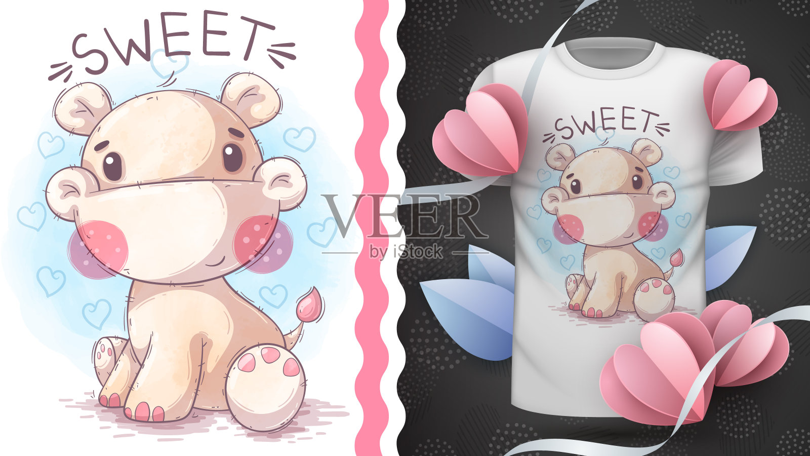 幼稚的卡通人物动物水彩画河马。插画图片素材