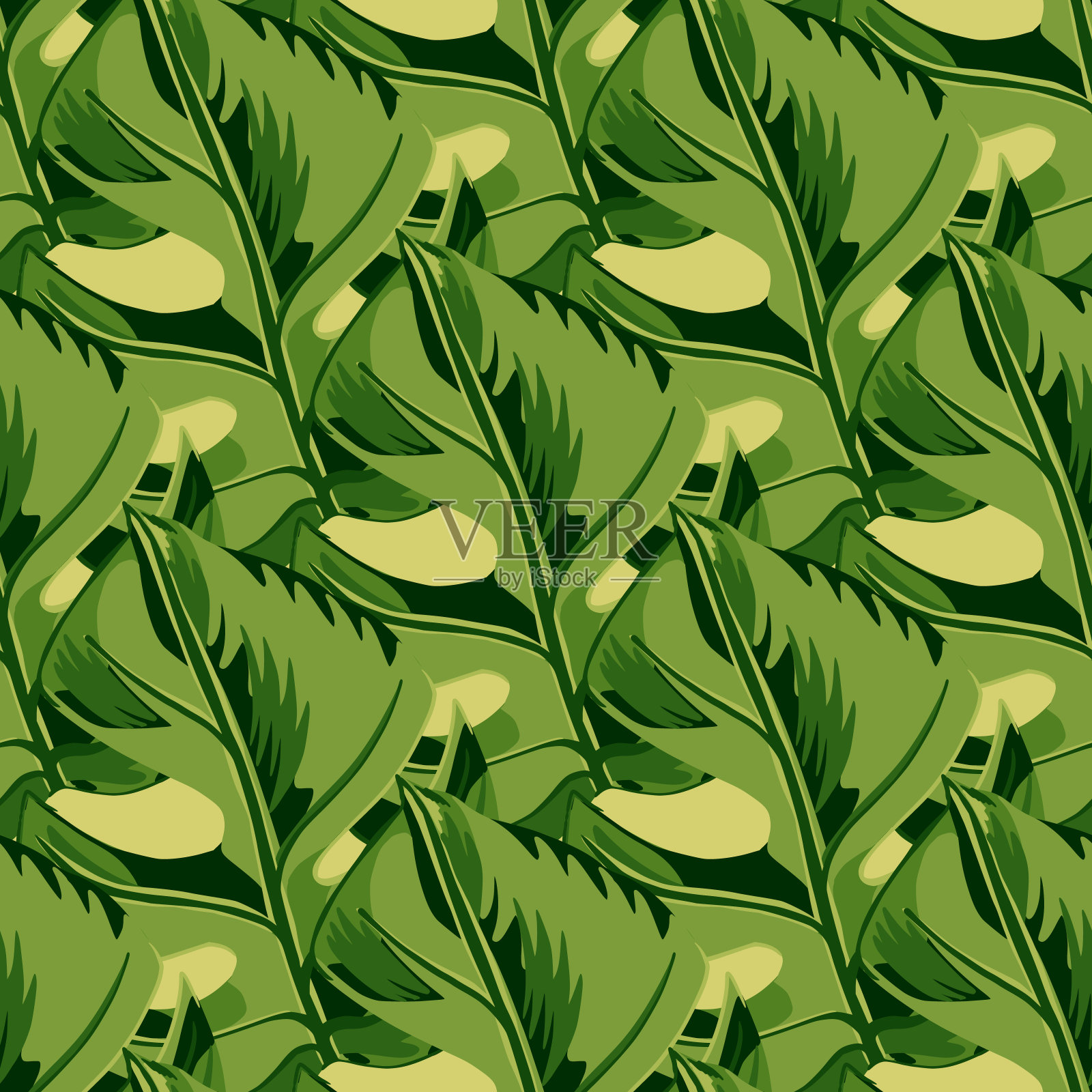 抽象的绿色怪兽叶装饰无缝涂鸦图案。热带植物。黑暗的背景。插画图片素材