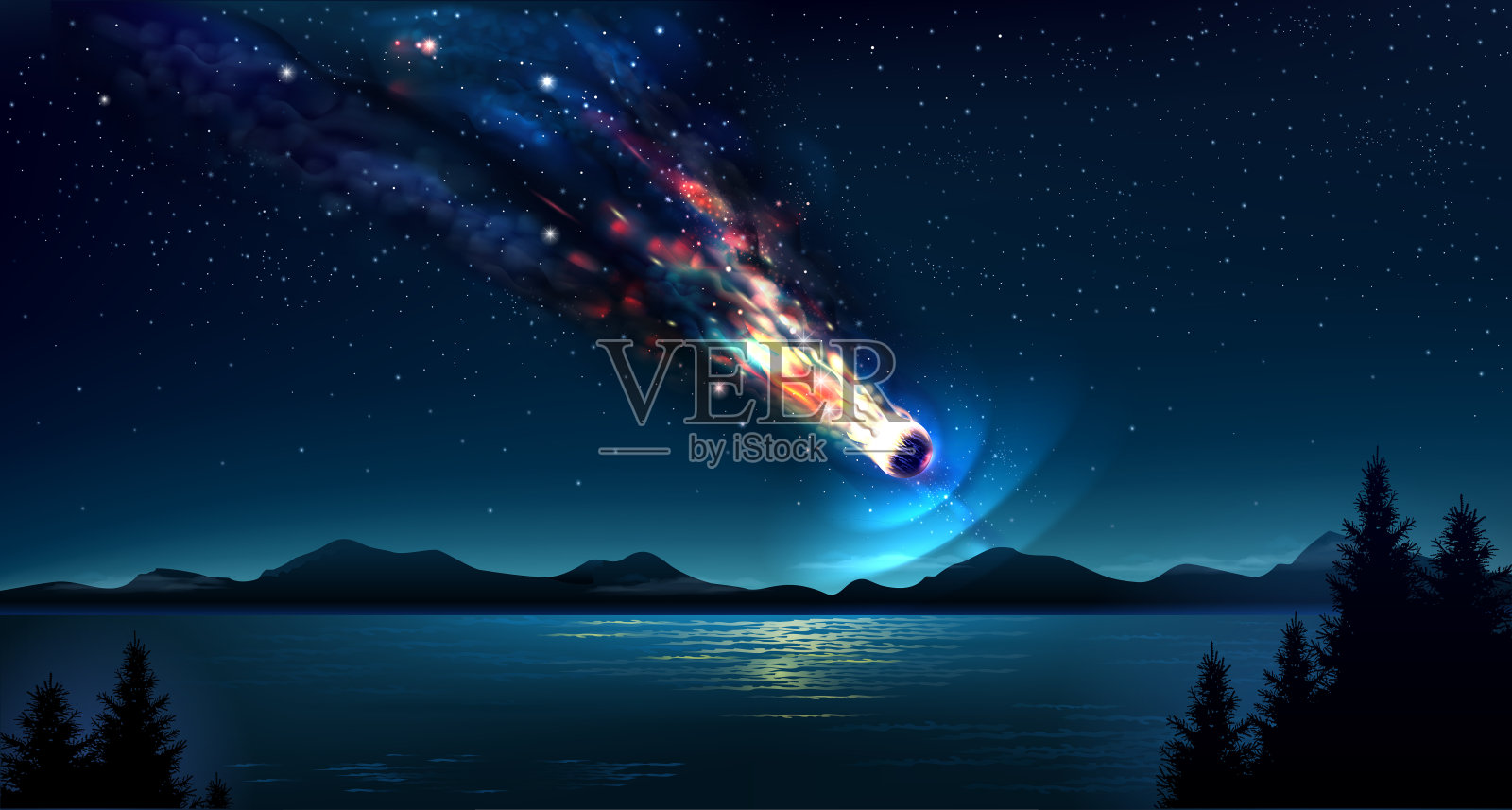 陨落的彗星在深蓝色的夜空插画图片素材