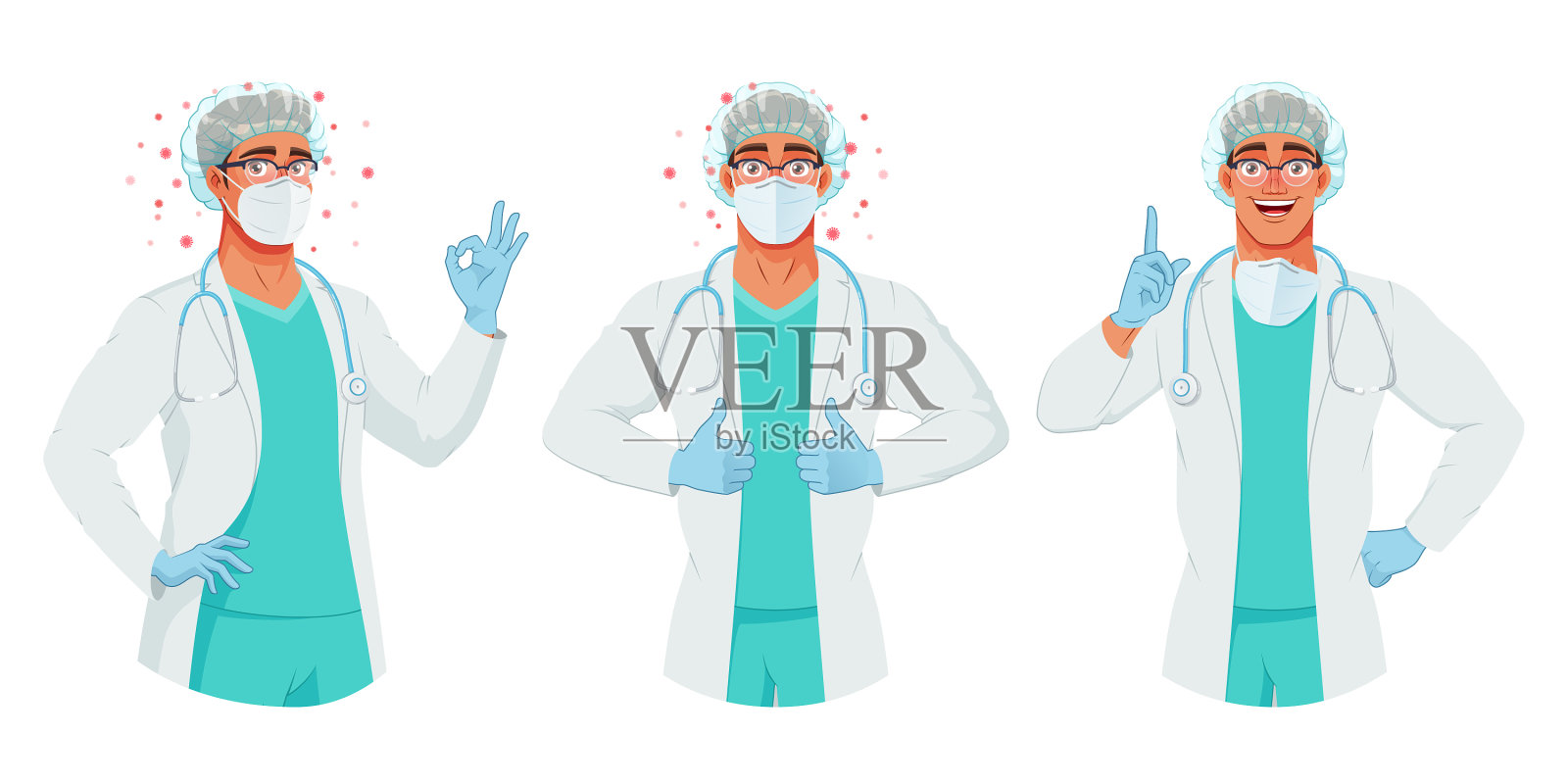 戴口罩、帽子和手套的医生竖起大拇指插画图片素材