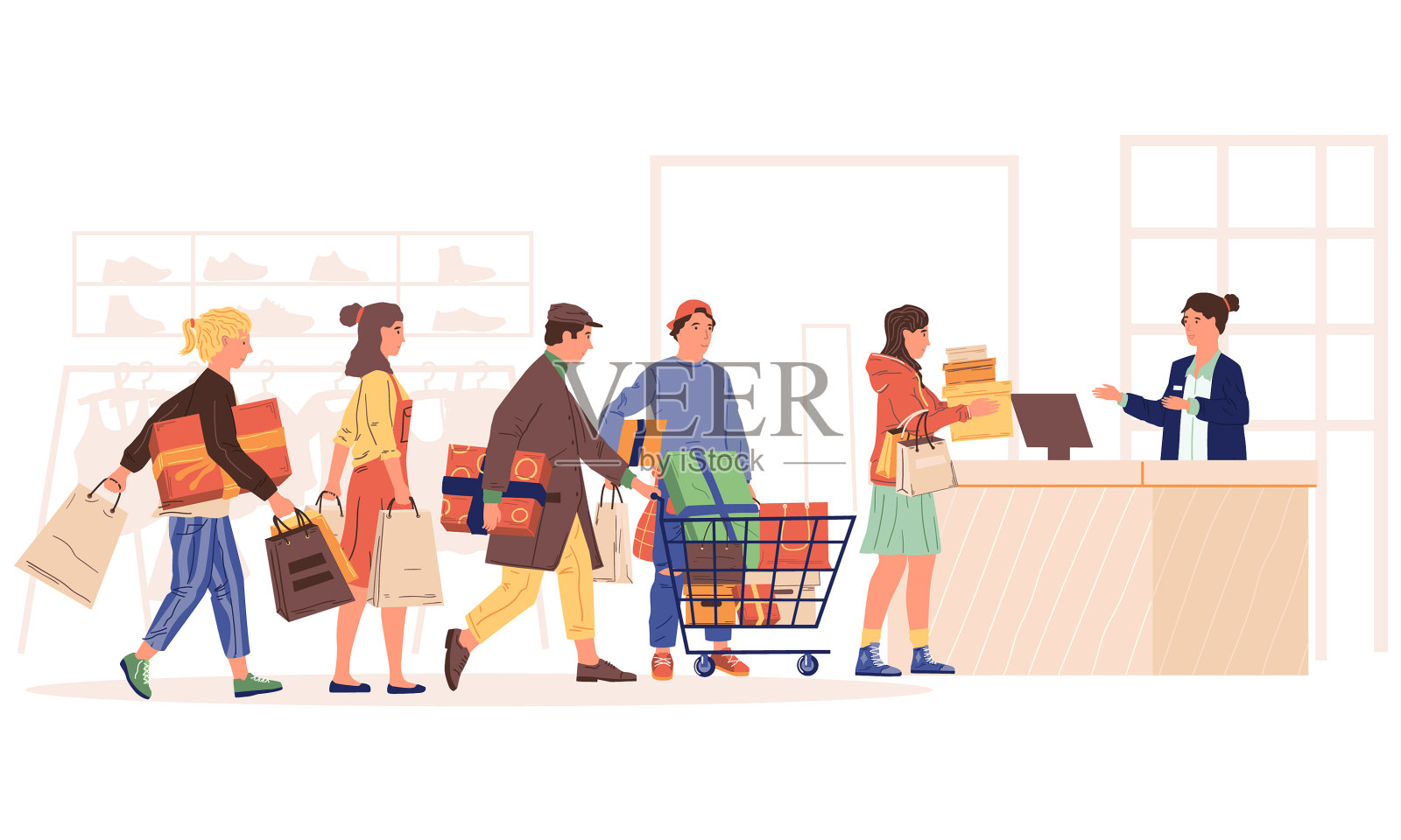 购物排队的人在收银台前排队设计元素图片