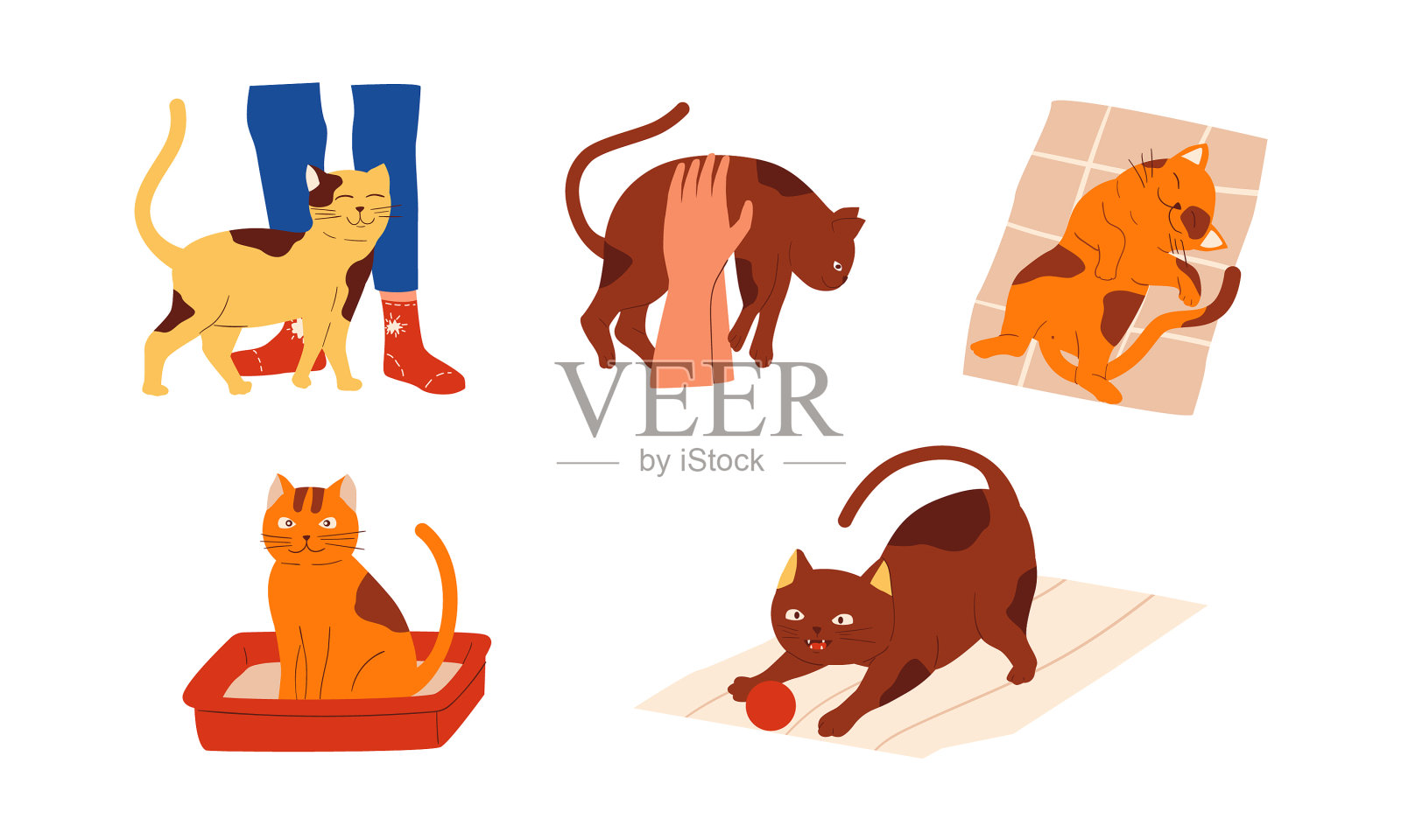 卡通猫可爱的场景与小猫宠物的主人插画图片素材