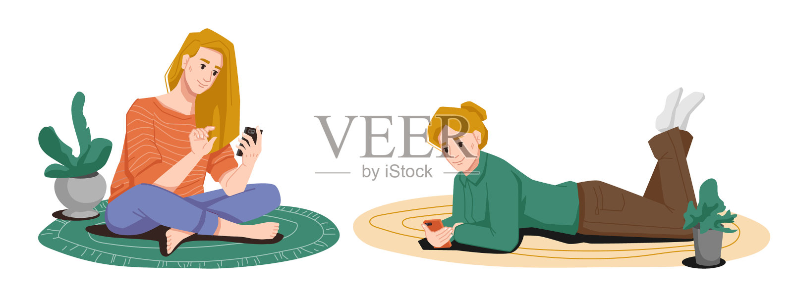 女人在家里地板上看手机聊天设计元素图片