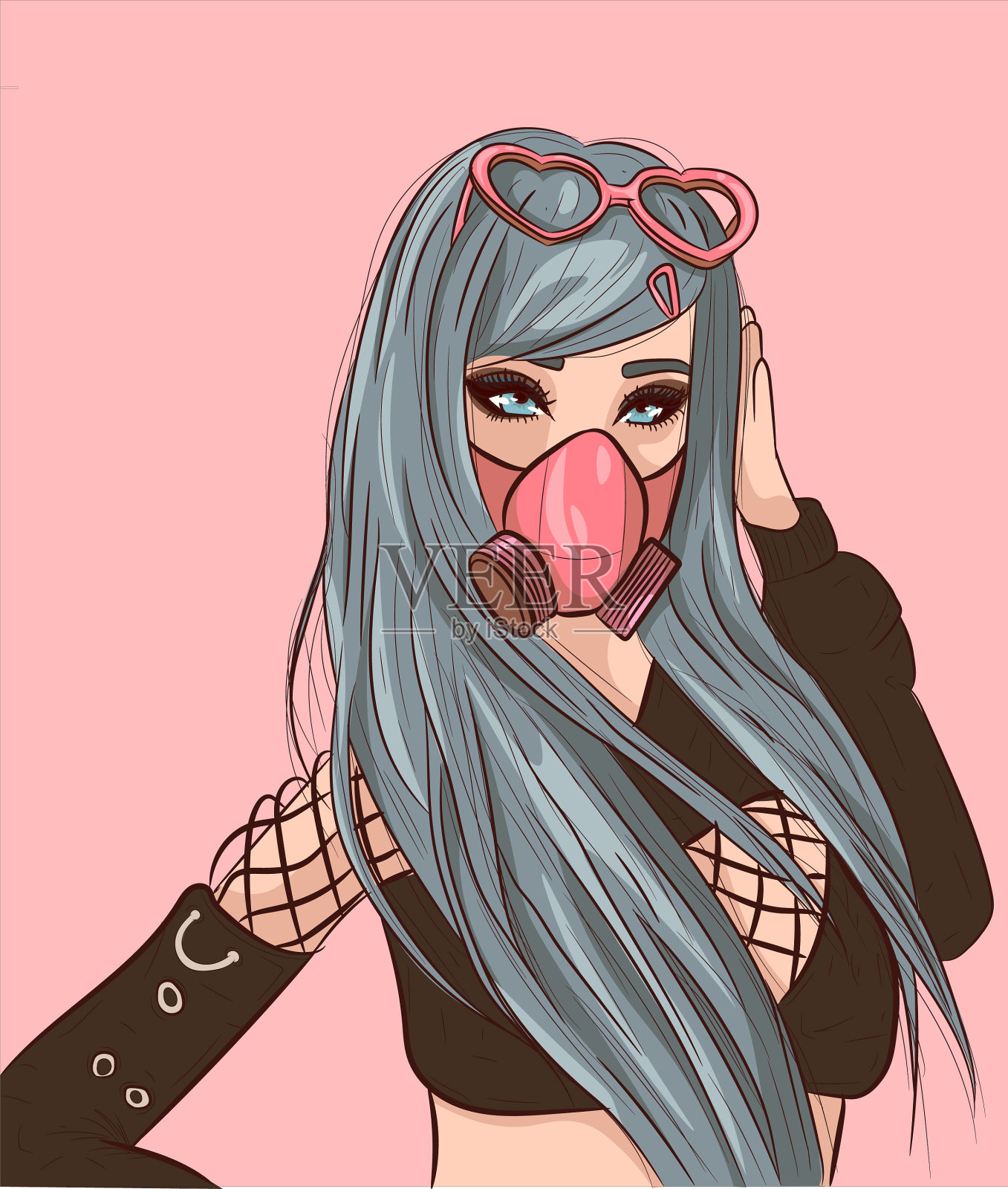 一个带着防毒面具的蓝头发哥特女孩插画图片素材