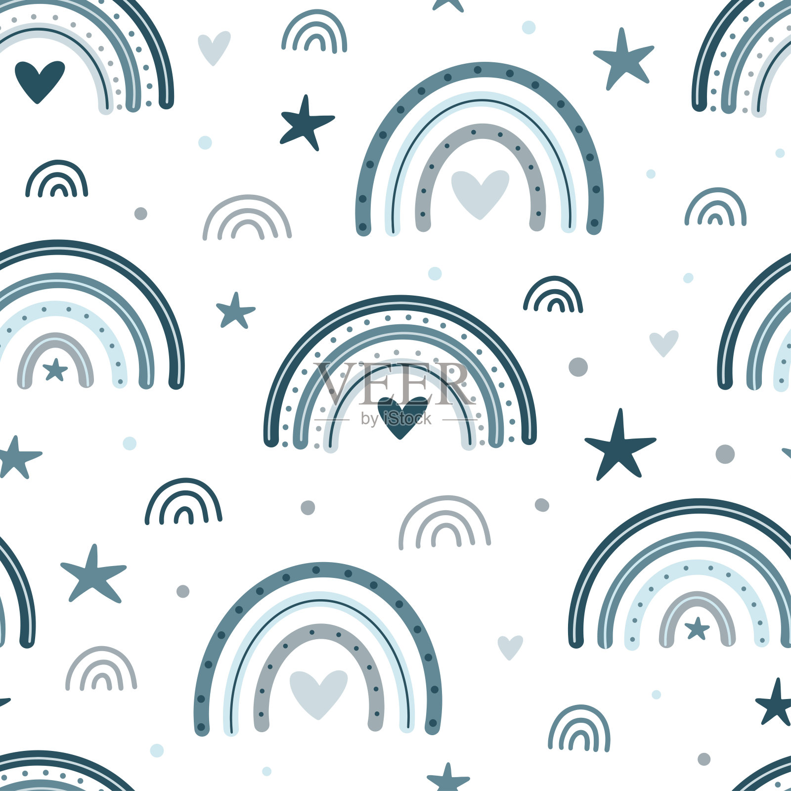 彩虹，星星和心的无缝图案。面料和纸张的可爱抽象元素纹理设计。手绘斯堪的纳维亚风格矢量插图。插画图片素材