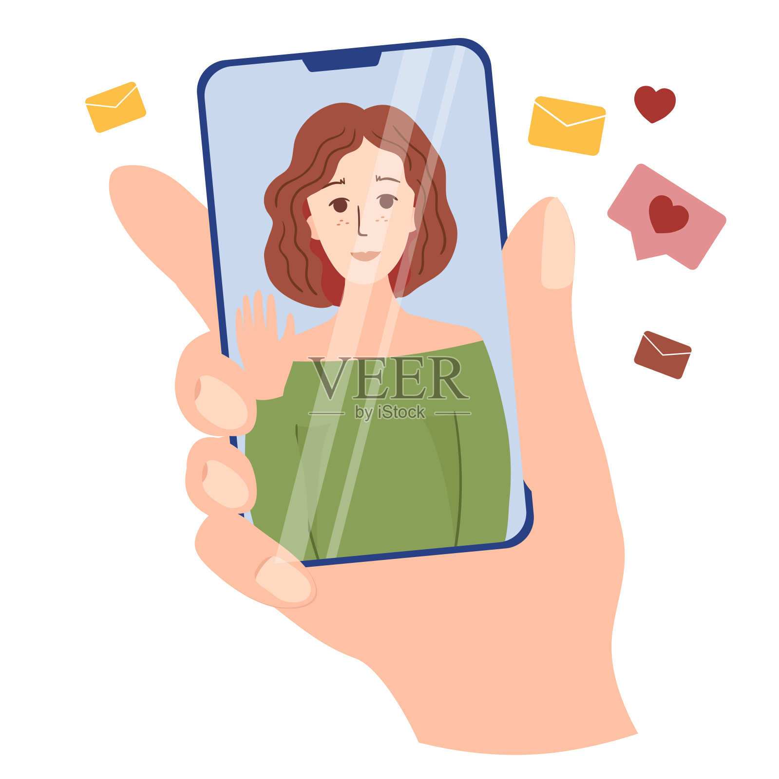 女孩在屏幕上。视频通话的概念。男人的手正握着智能手机。通过应用和一个可爱的年轻女人聊天。插画图片素材