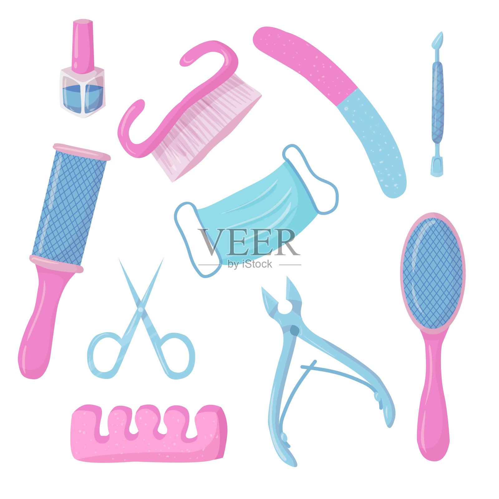 一组项目。修指甲和足疗。指甲油。卡通风格的美甲工具。矢量插图隔离在白色背景上。插画图片素材