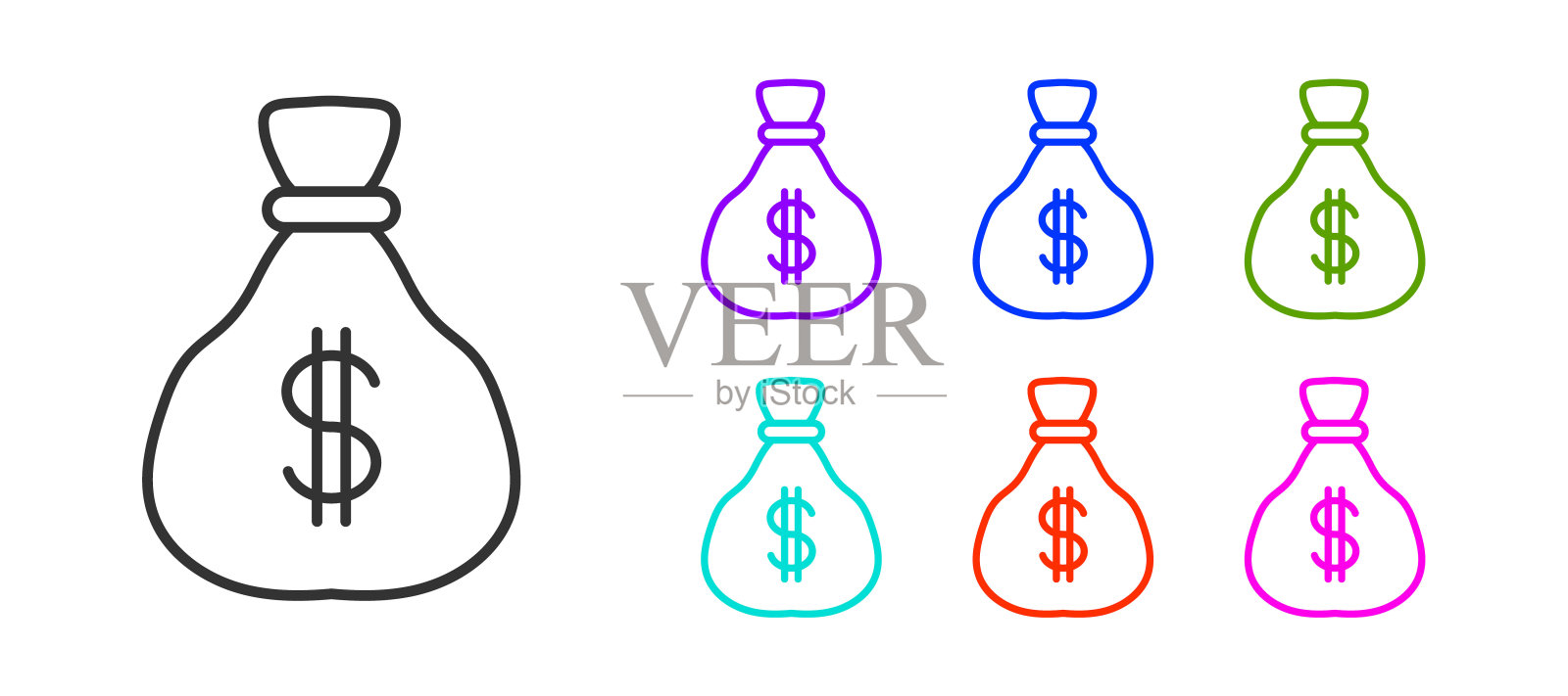 黑色线钱袋图标孤立在白色背景。美元或美元符号。现金银行货币符号。设置图标丰富多彩。向量插画图片素材