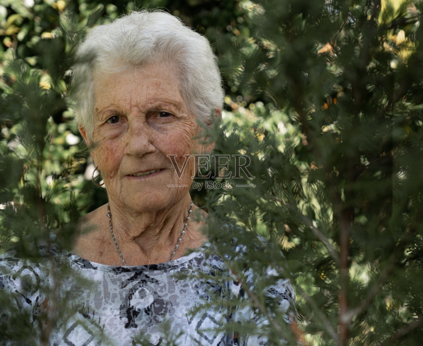 一位老妇人站在植物后面看着摄像机照片摄影图片