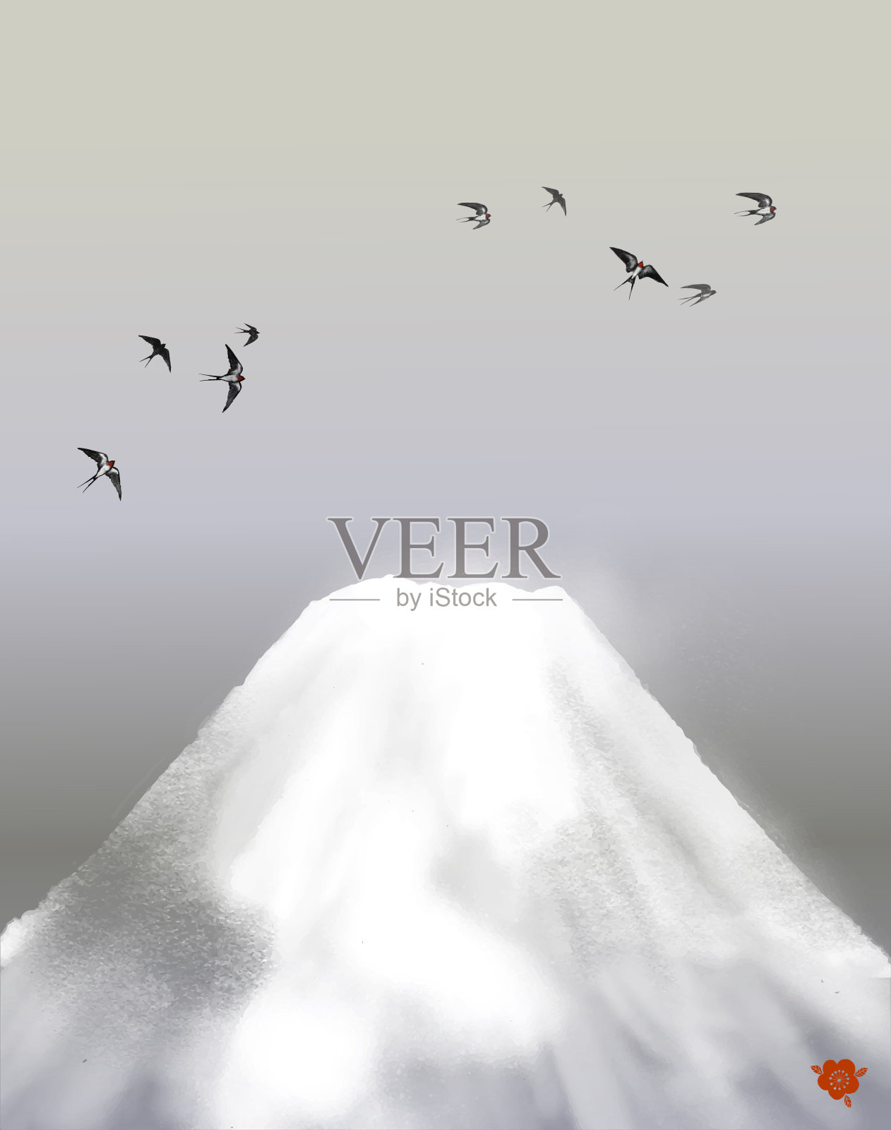 富士山上的雪和天空中的鸟群。传统的日本水墨画。插画图片素材