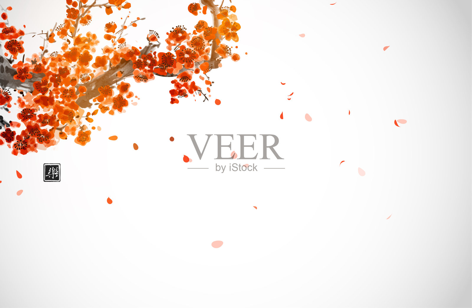 樱花在风中绽放枝叶。传统的东方水墨画粟娥、月仙、围棋。象形文字的翻译——快乐插画图片素材