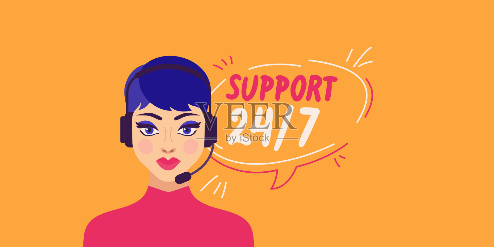 一个戴着耳机，拿着麦克风的女孩。客户服务运营商。在线帮助。插画图片素材