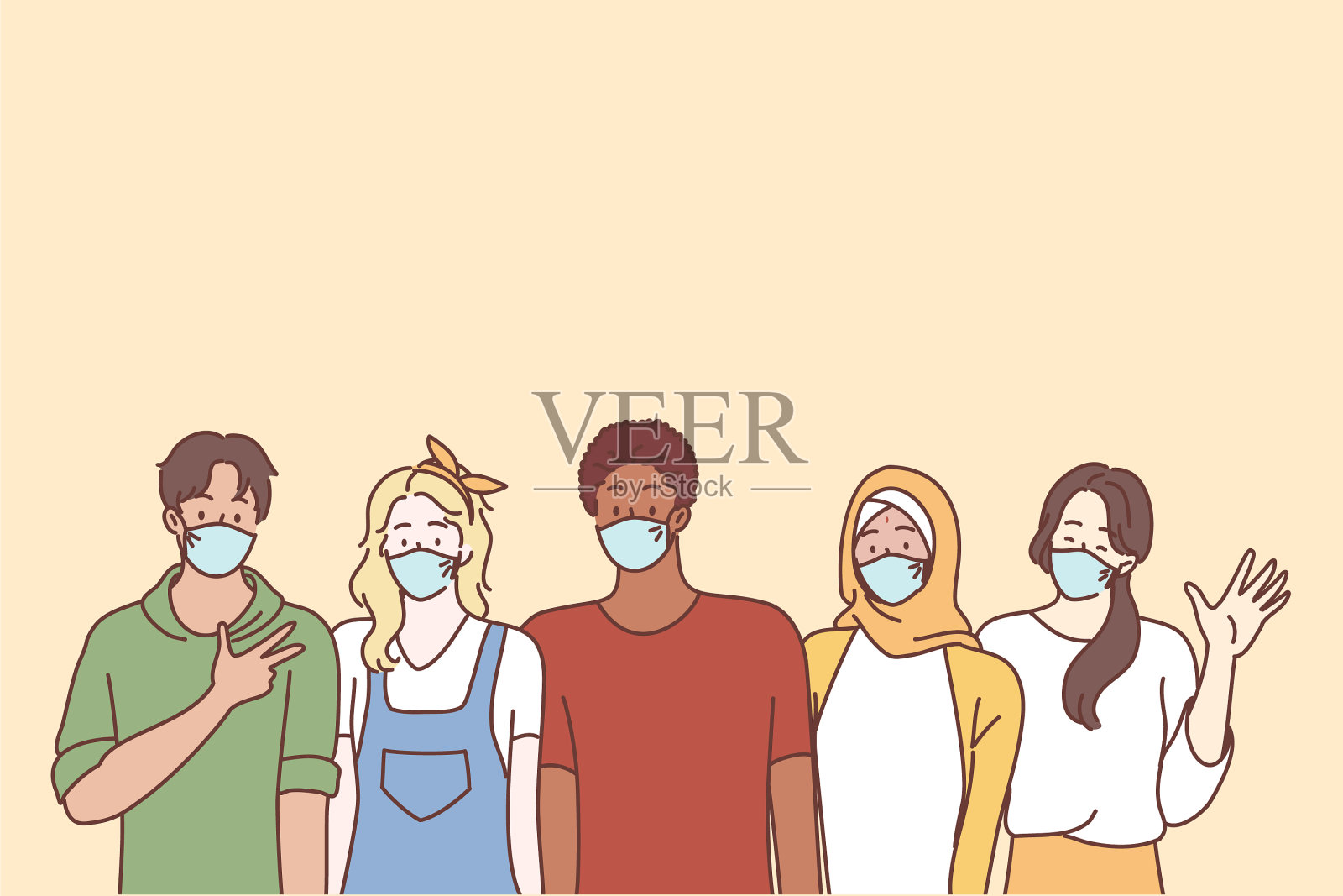 冠状病毒病和多民族青年朋友插画图片素材