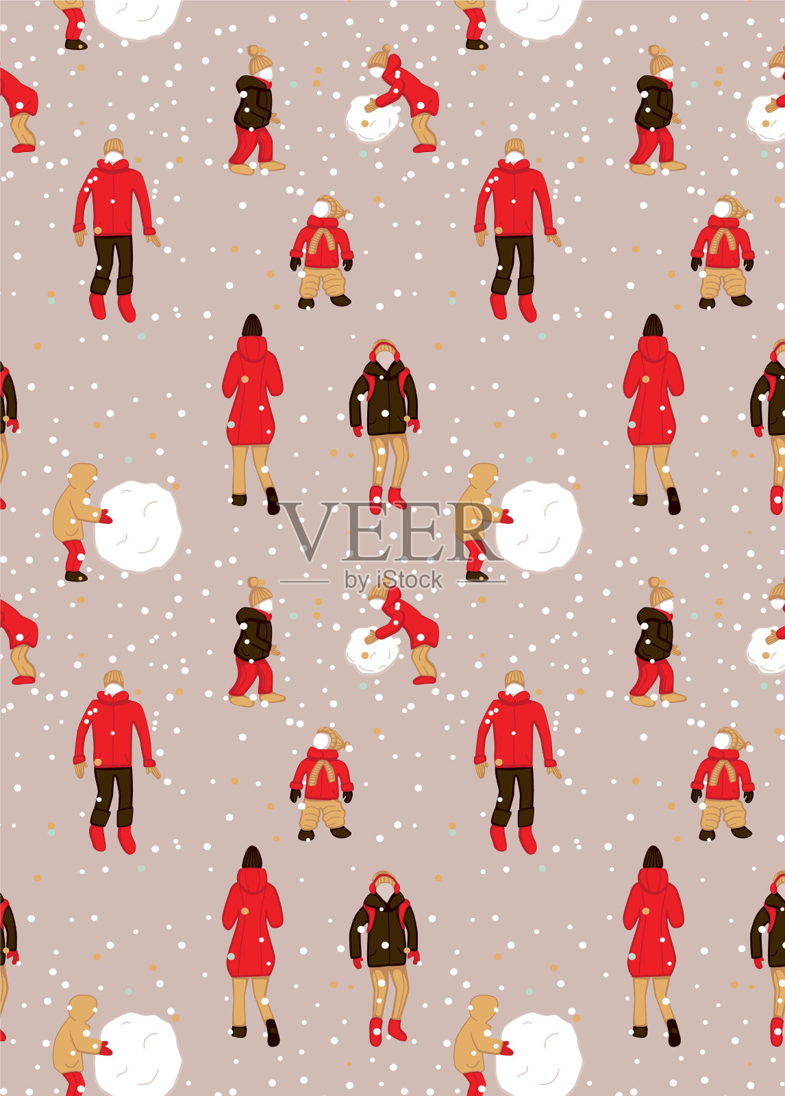 在极简主义的平面设计中，图案与户外的人和雪花。插画图片素材