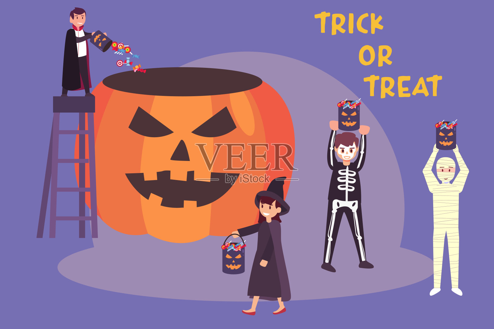 穿着万圣节服装收集糖果的少年插画图片素材