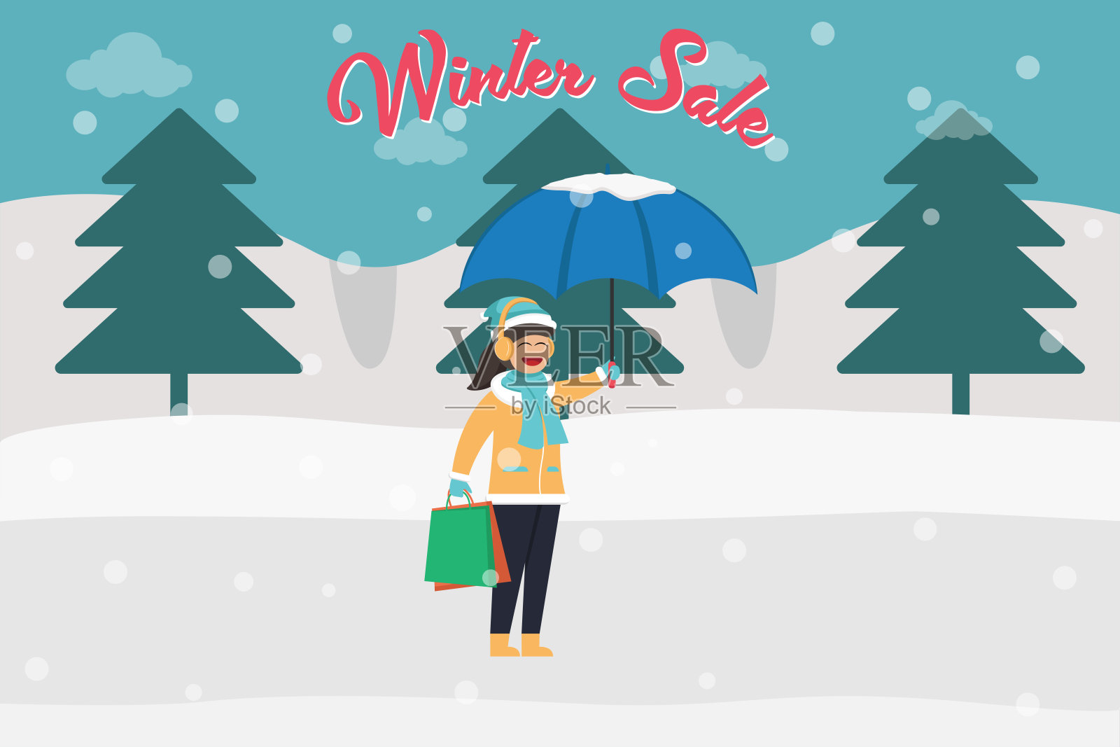 年轻女子提着购物袋和雨伞设计元素图片