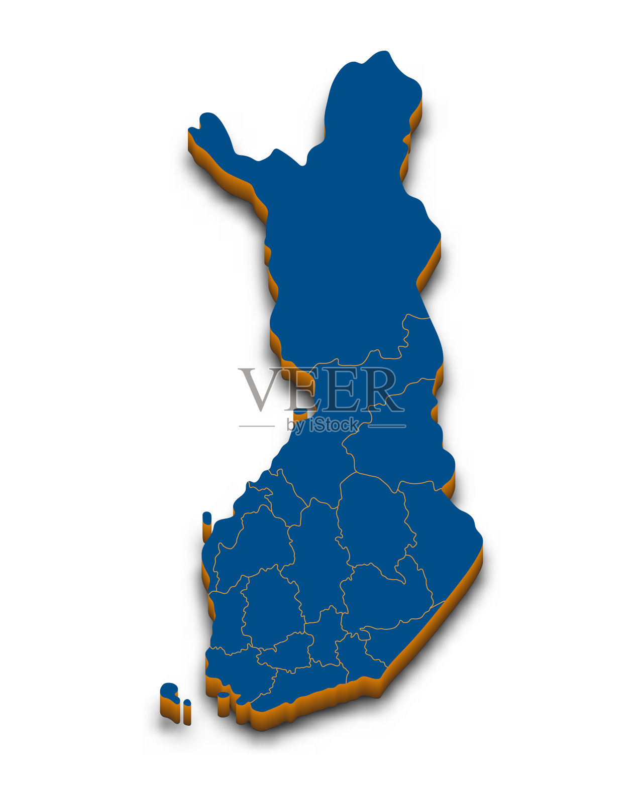 芬兰地图矢量。芬兰的高详细的行政3D地图与下降的阴影。向量蓝色等距轮廓与行政区划。所有孤立的白色背景。模板为网站，设计，封面，信息图插画图片素材