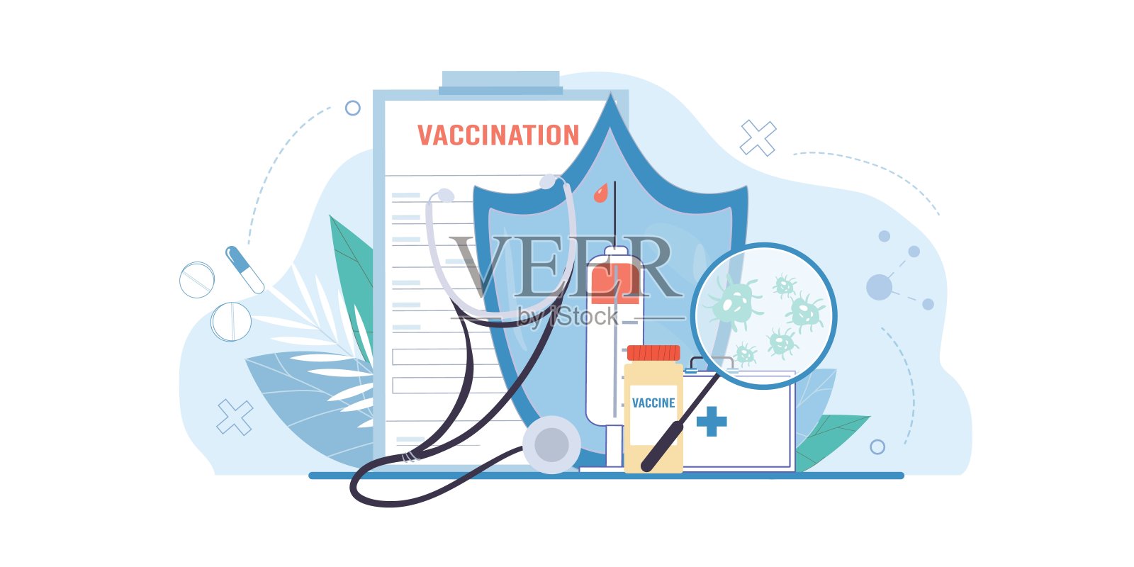 扁平卡通抗冠状病毒疫苗接种载体插图概念插画图片素材
