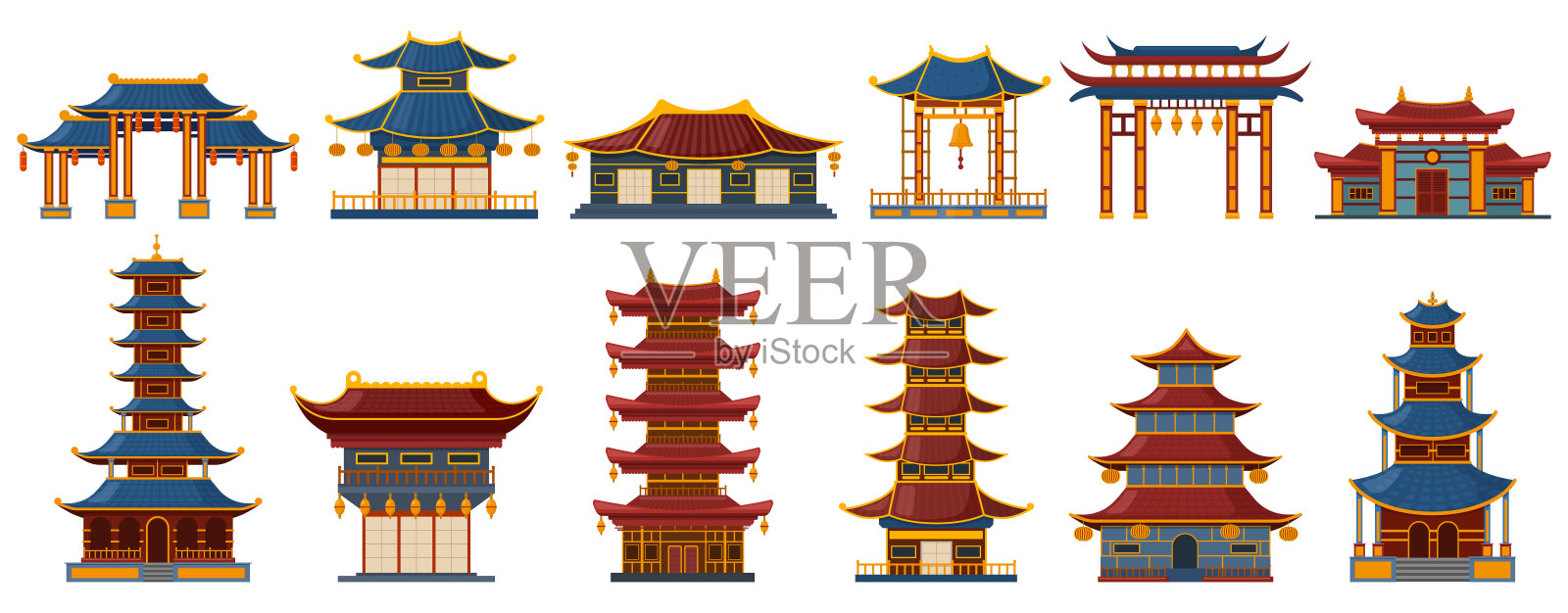 中国传统建筑。亚洲传统建筑，宝塔门，寺庙和宫殿遗产矢量插图集。东方古代建筑插画图片素材