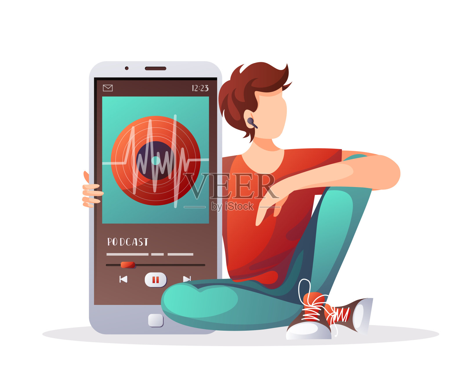 年轻人用巨大的电话和耳机听音乐，有声书或播客。网络学习、在线课程、教育、音乐、广播概念。插画图片素材