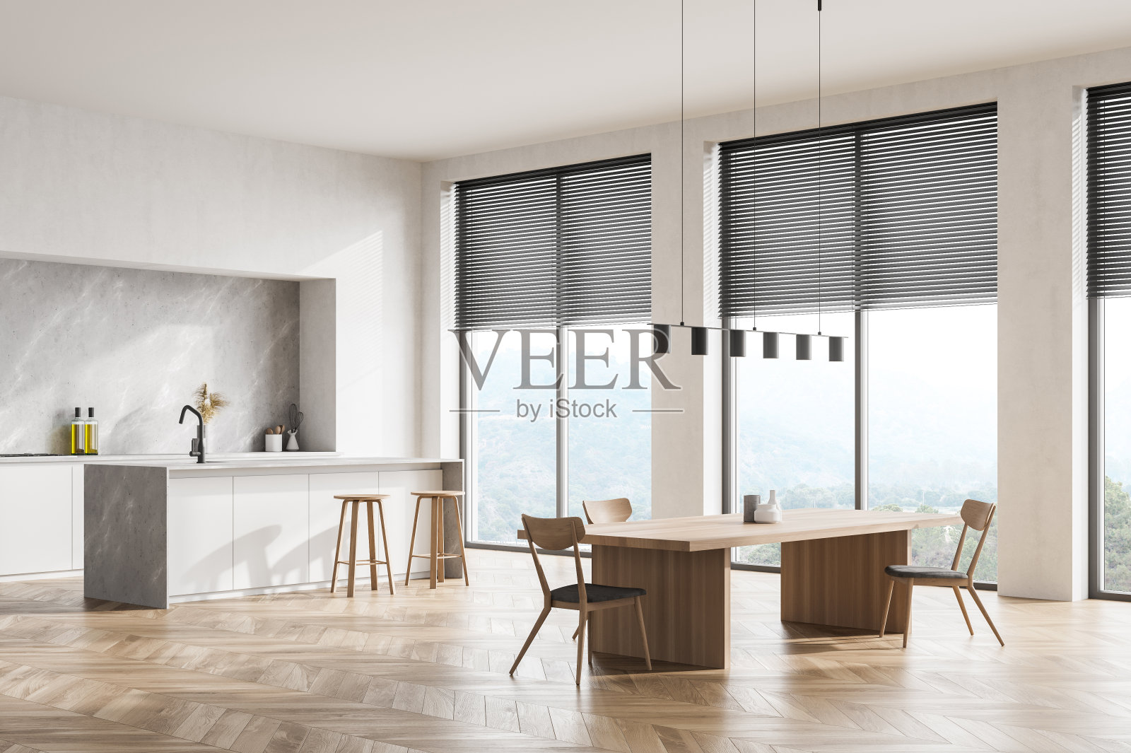 现代现代设计厨房室内。餐桌和椅子。全景窗户。白色和木质材料。照片摄影图片