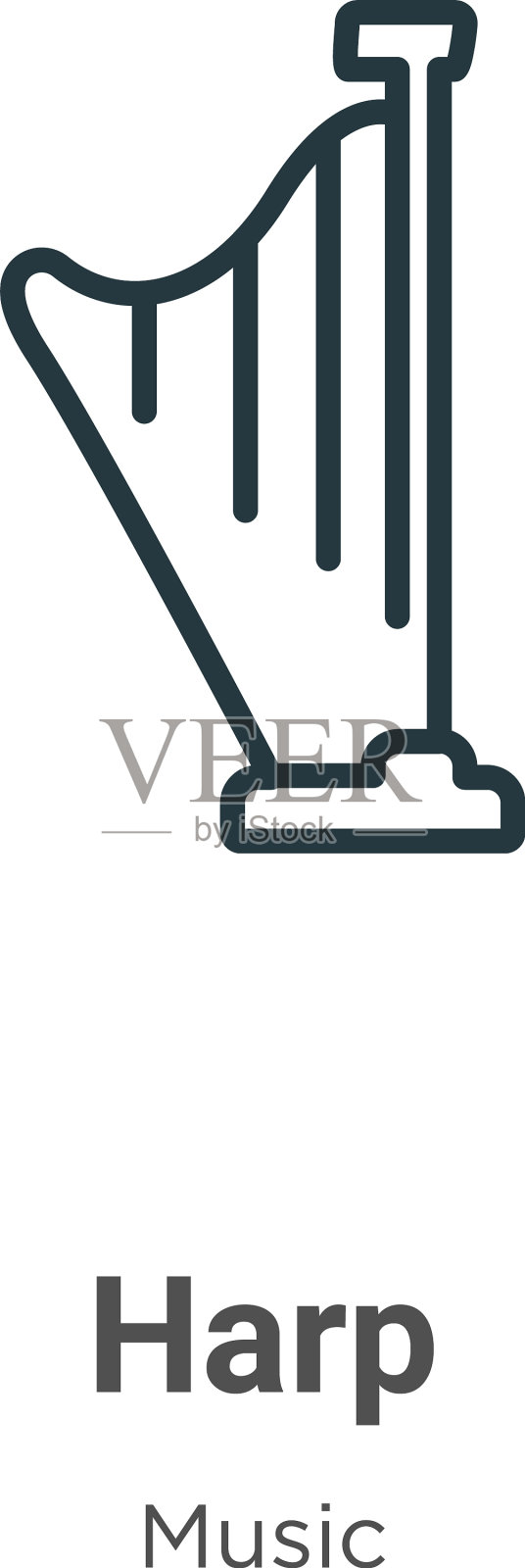 竖琴轮廓图标细线黑色竖琴图标平插画图片素材