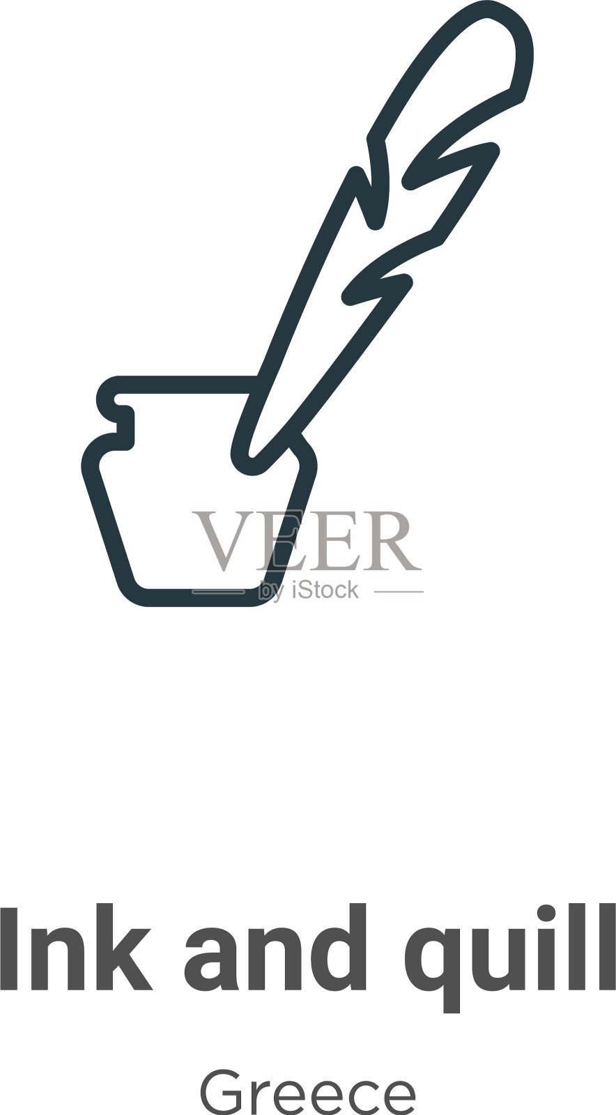 墨水和羽毛笔轮廓图标细线黑色墨水插画图片素材