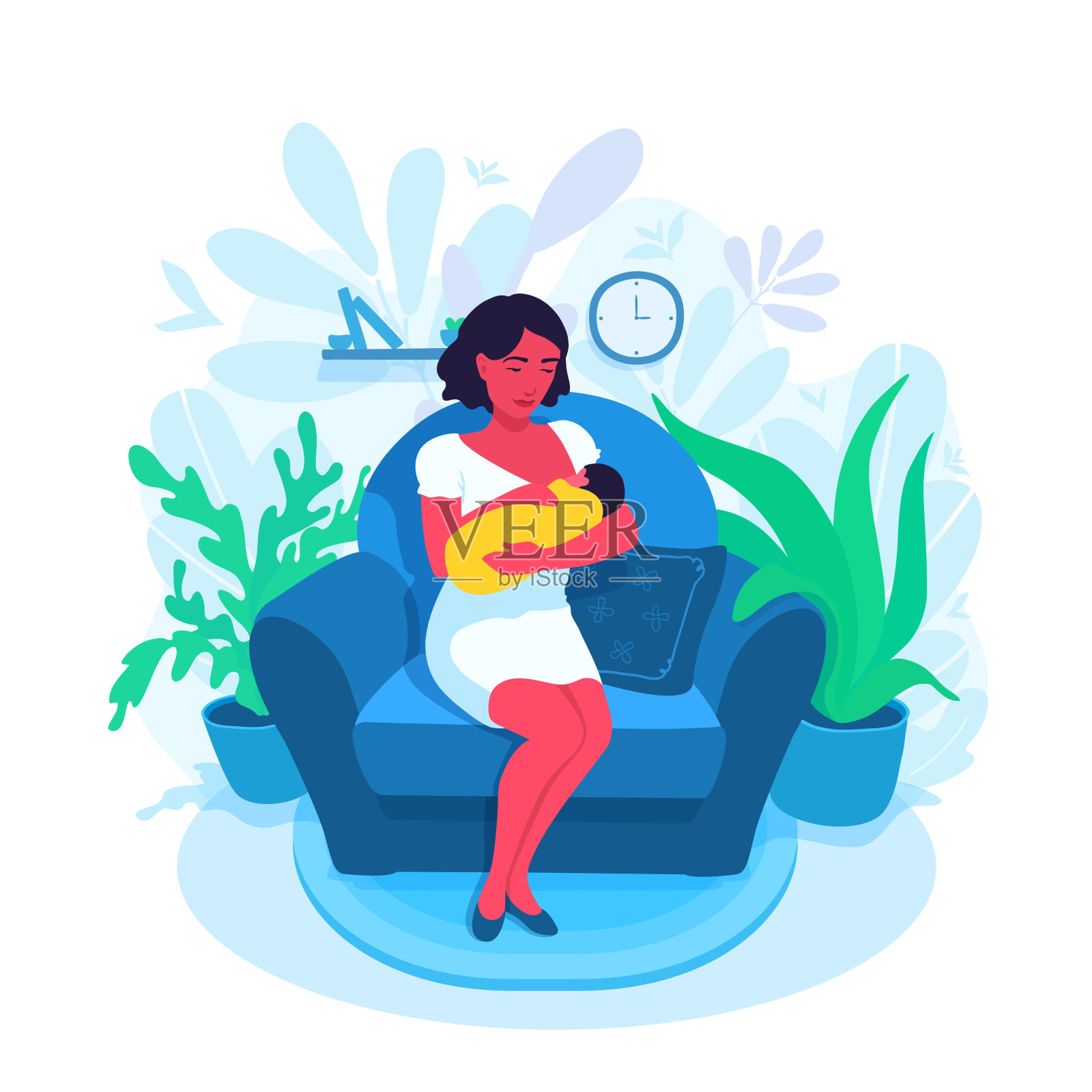 母乳喂养新生儿的母亲。在家母乳喂养。一位妇女坐在扶手椅上喂她的婴儿。插画图片素材