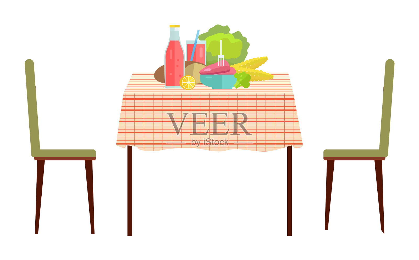有食物和椅子的餐桌插画图片素材