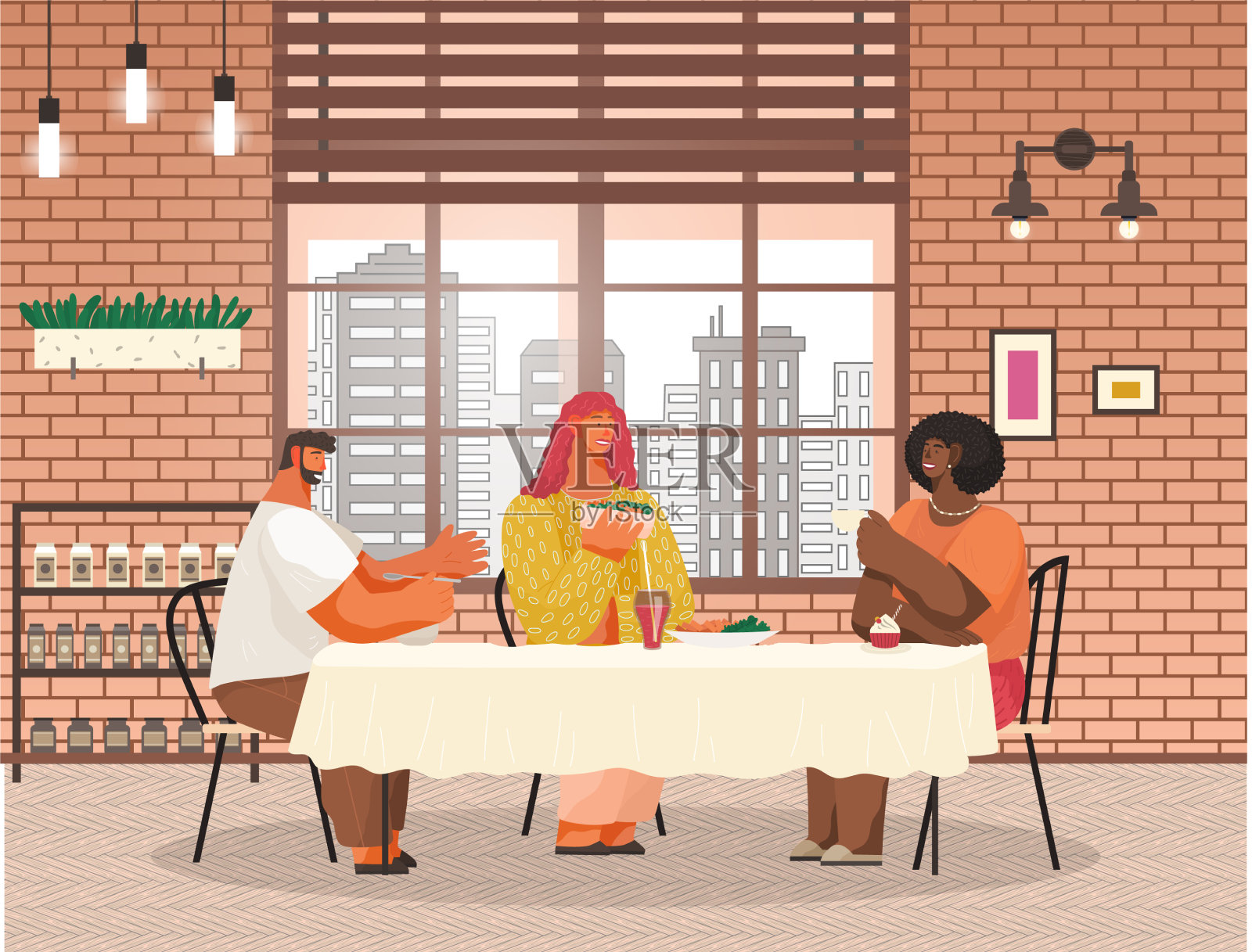 朋友们吃着墨西哥卷，男人和女人在咖啡馆见面插画图片素材