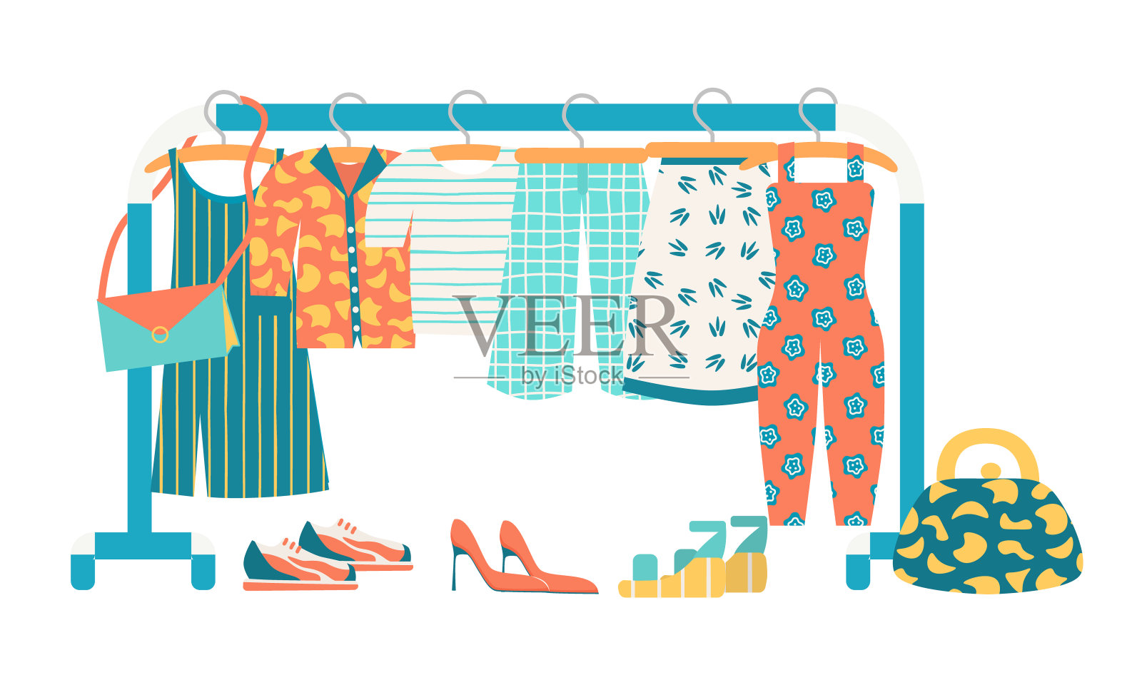 挂着衣服的衣架。t恤，太阳裙，裙子，衬衫，工作服和裤裙的流行色。运动鞋，鞋子，凉鞋和包。平面矢量插图，孤立在白色上插画图片素材