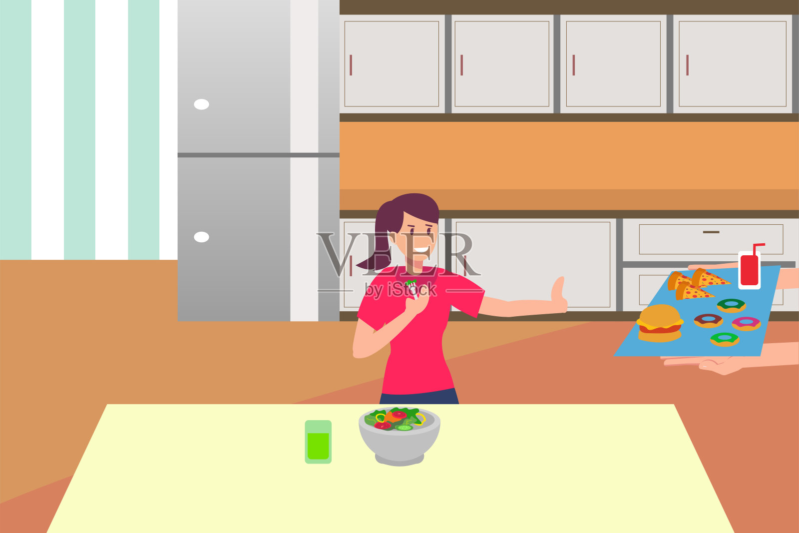 吃沙拉时拒绝吃垃圾食品的女人插画图片素材