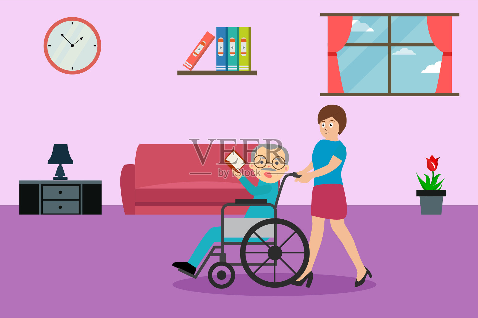 一个女人用轮椅帮助她的老父亲插画图片素材