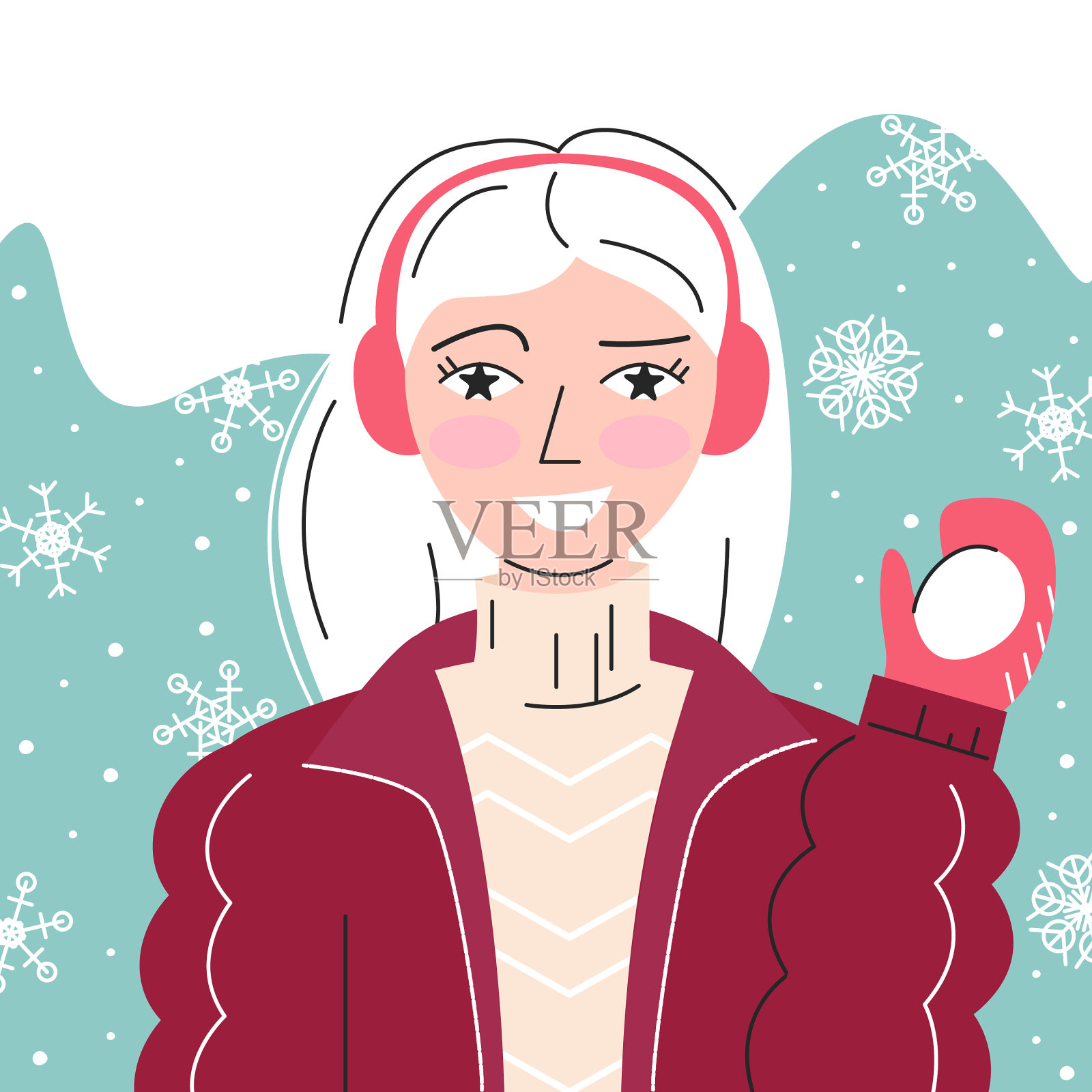 肖像顽皮的白发女孩与雪球插画图片素材