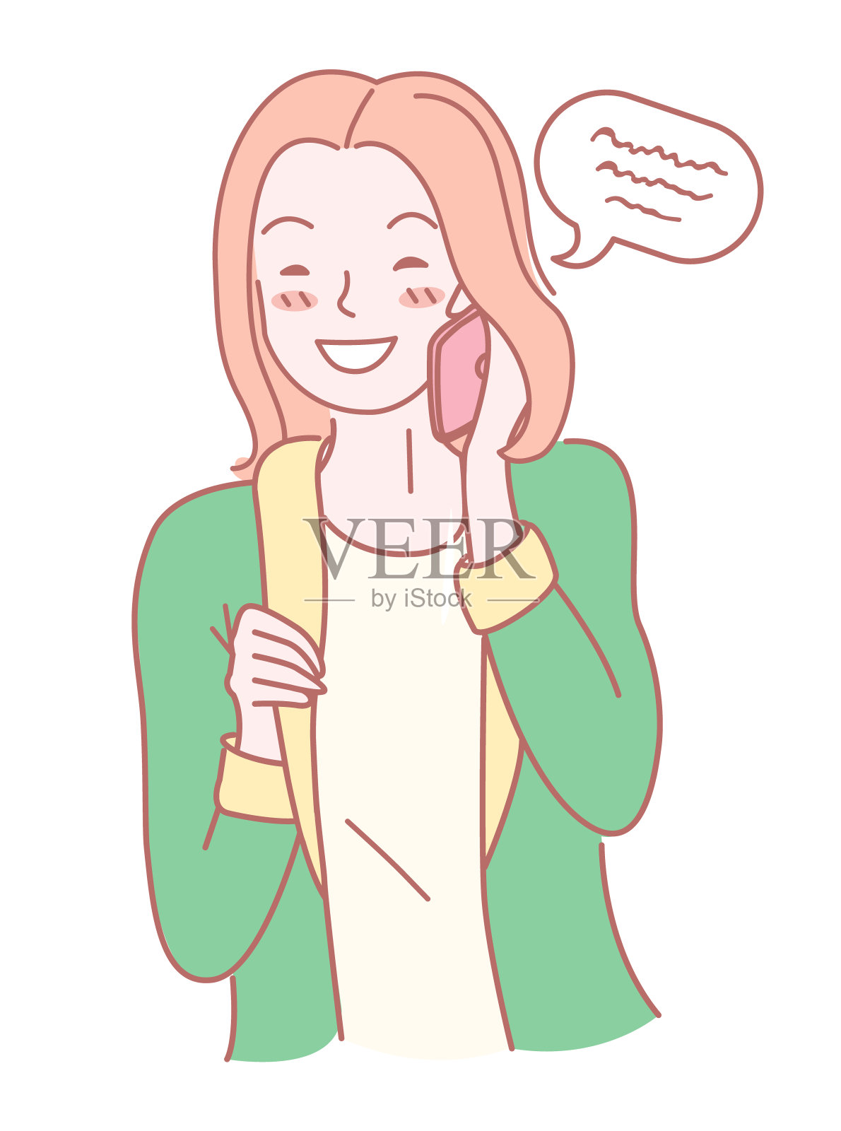 可爱漂亮的女孩孤立在白色的背景下，年轻女子在电话里交谈，对话云插画图片素材