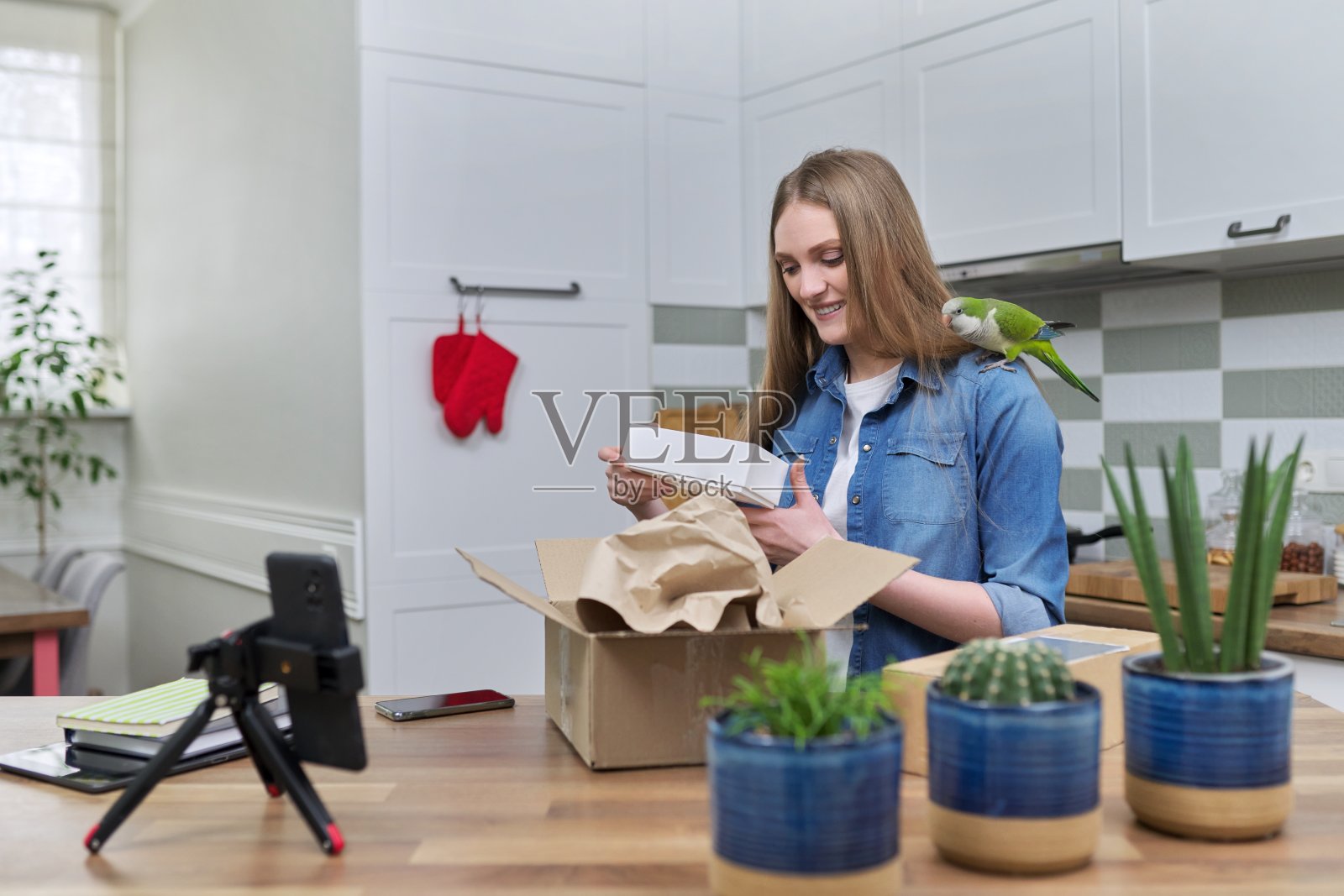 一名女子用智能手机拍摄打开纸箱的视频。宠物鹦鹉帮助打开行李照片摄影图片